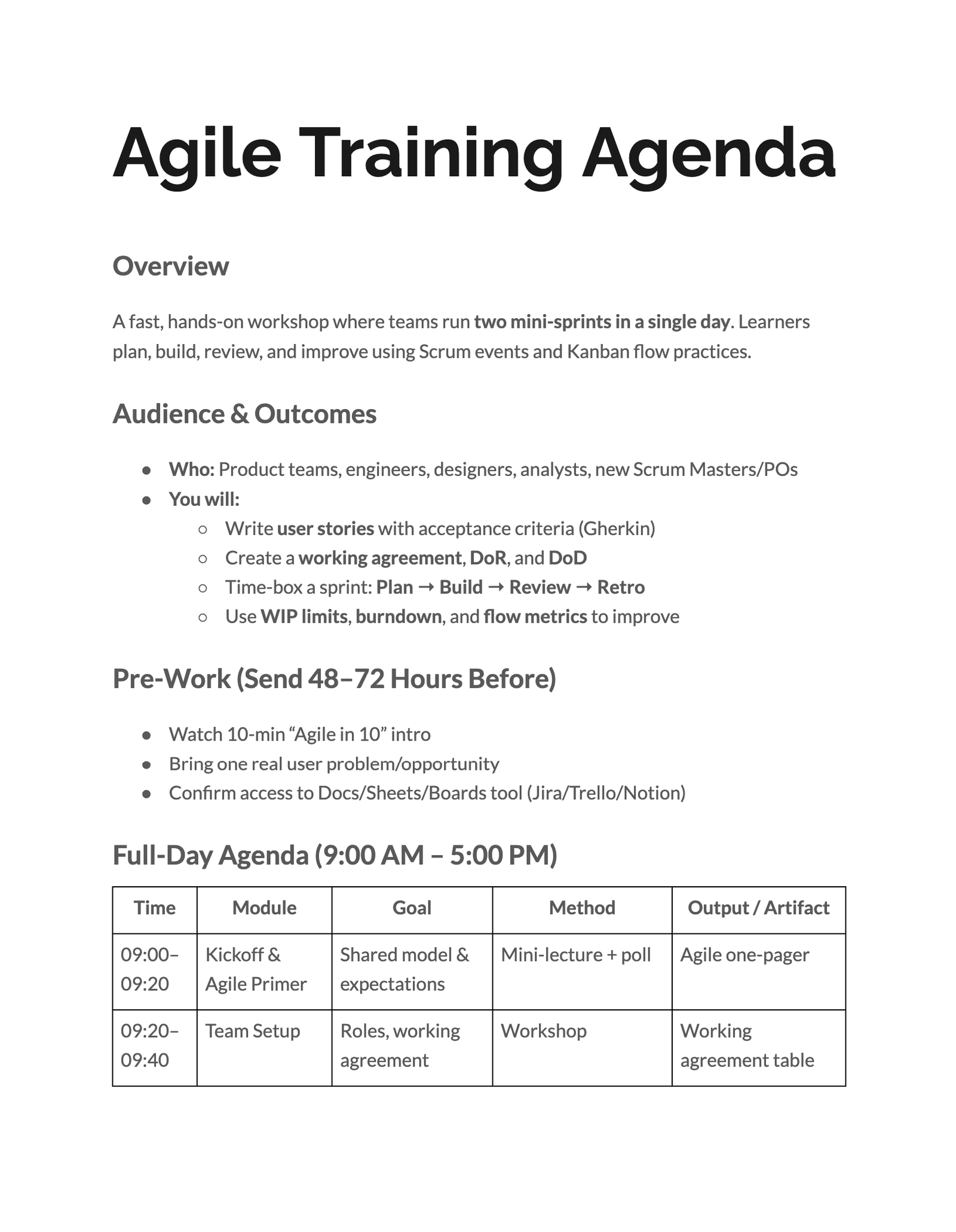 Agile Training Agenda Agile Training Agenda