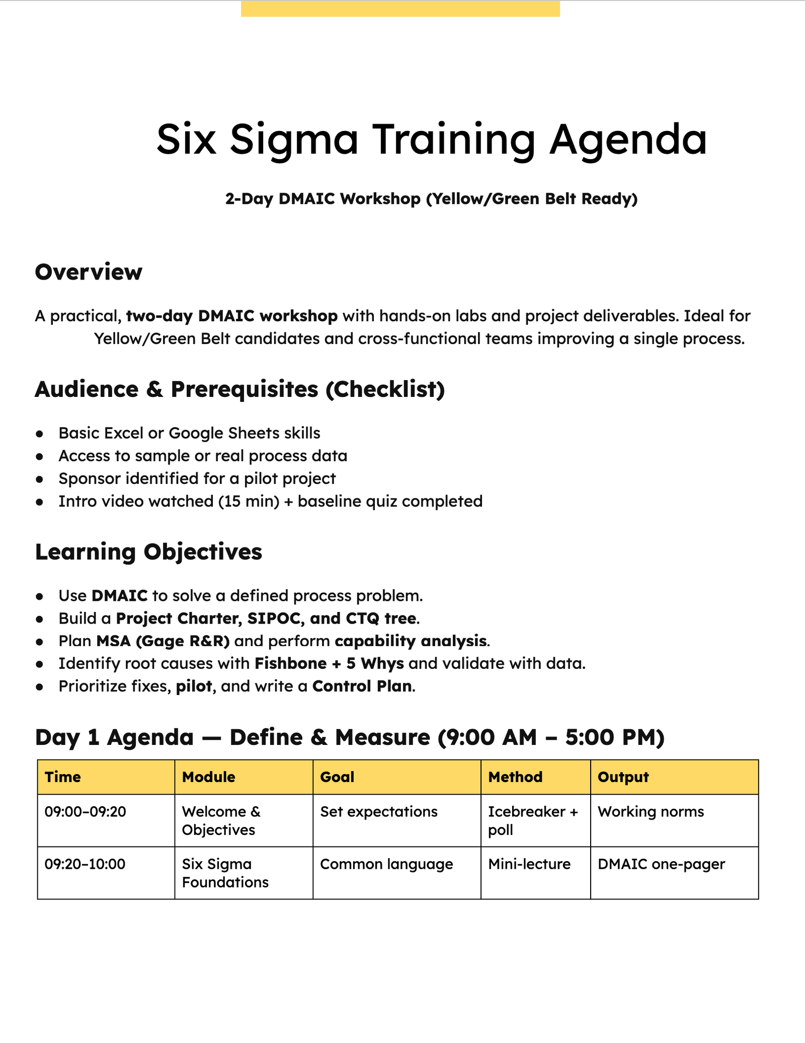 Six Sigma Training Agenda Six Sigma Training Agenda