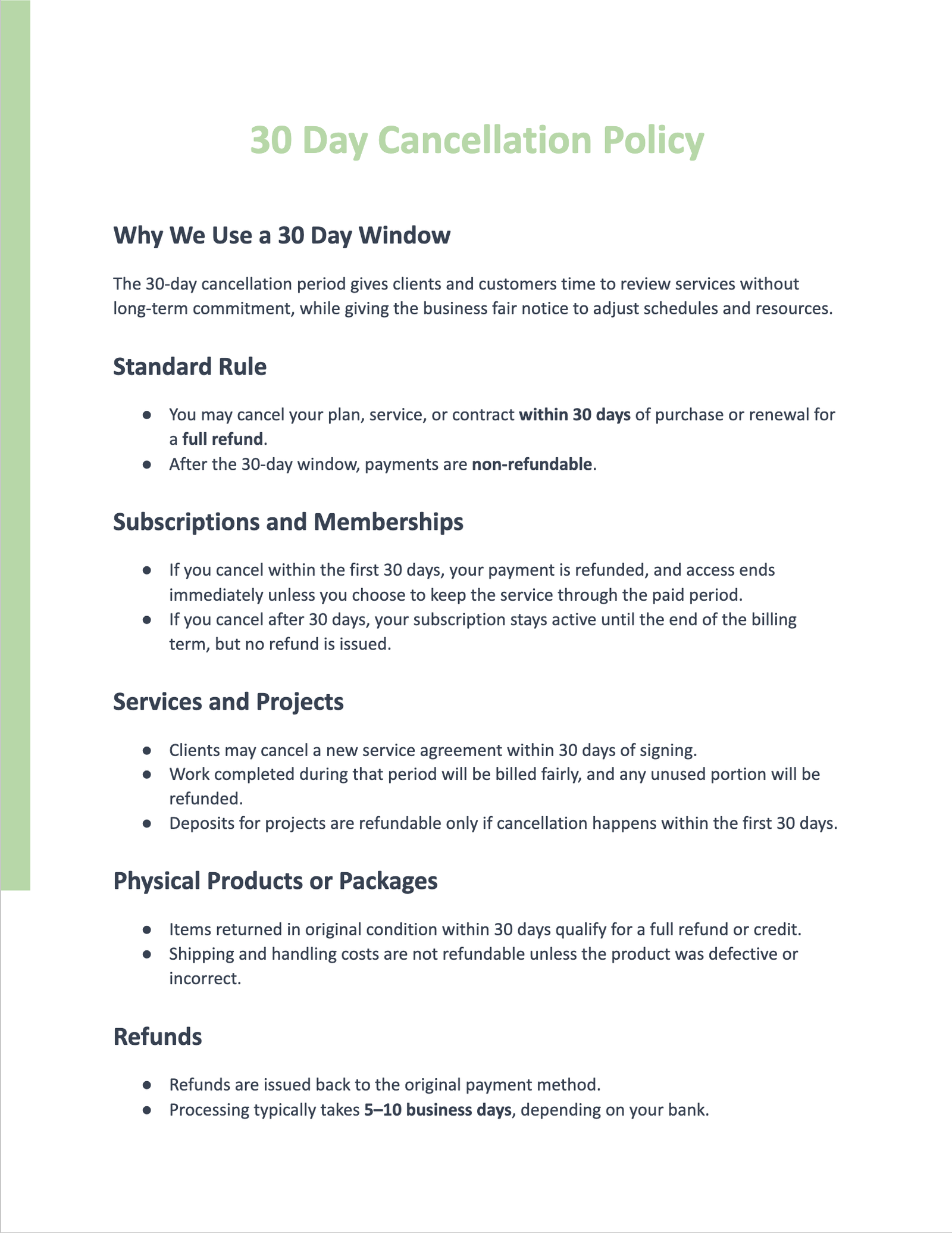 30 Day Cancellation Policy