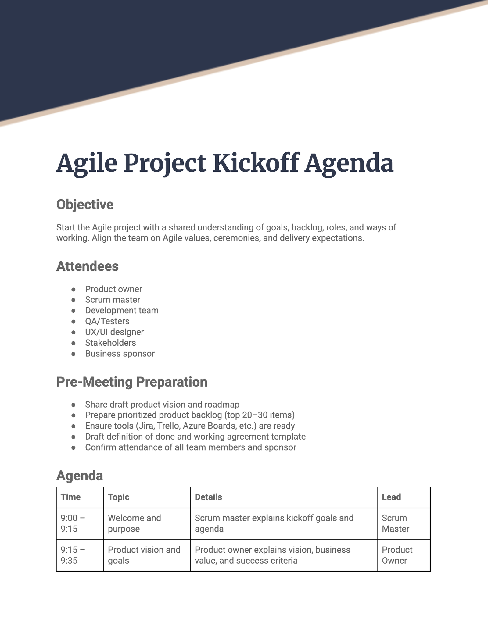 Agile Project Kickoff Agenda Agile Project Kickoff Agenda