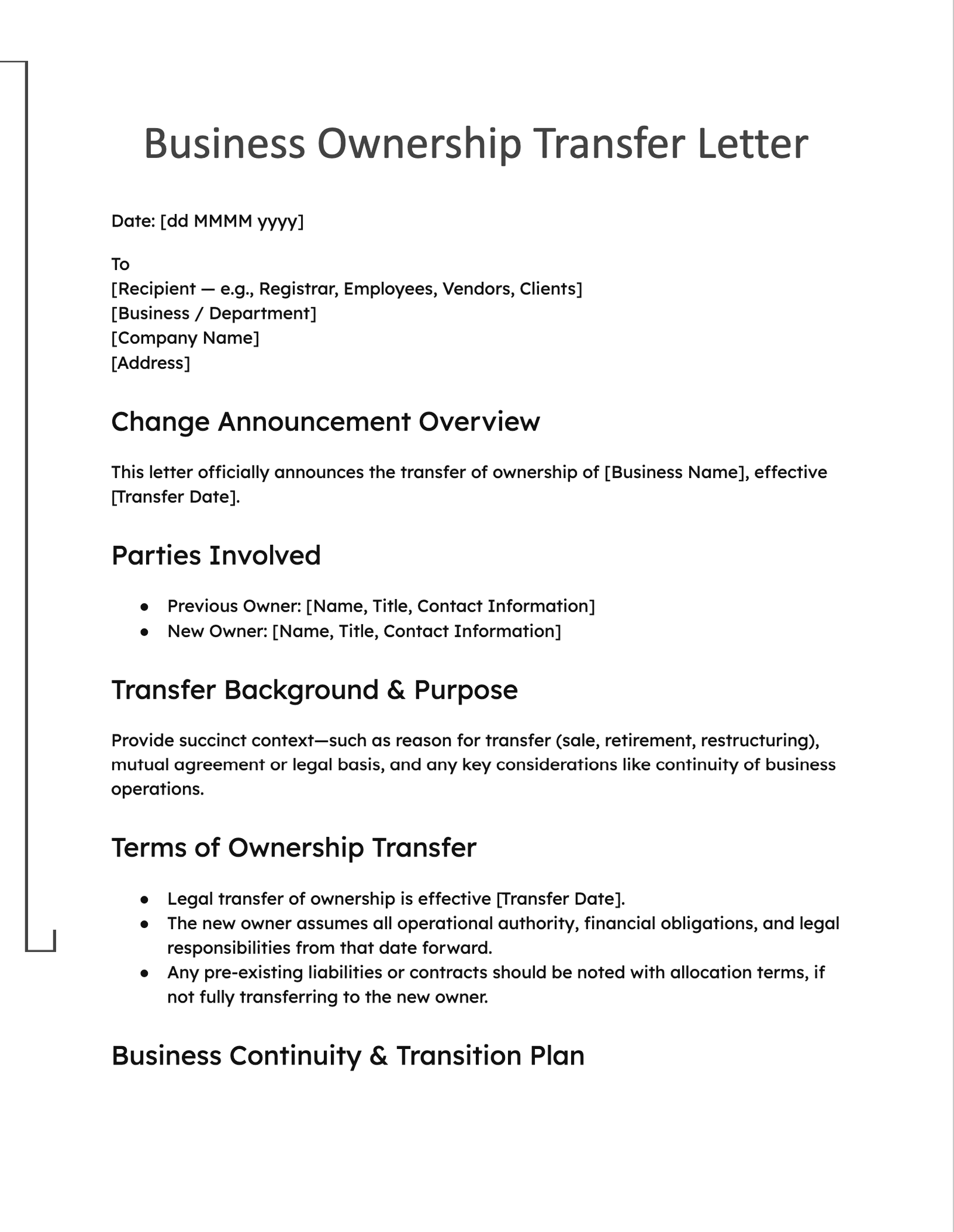 Business Ownership Transfer Letter