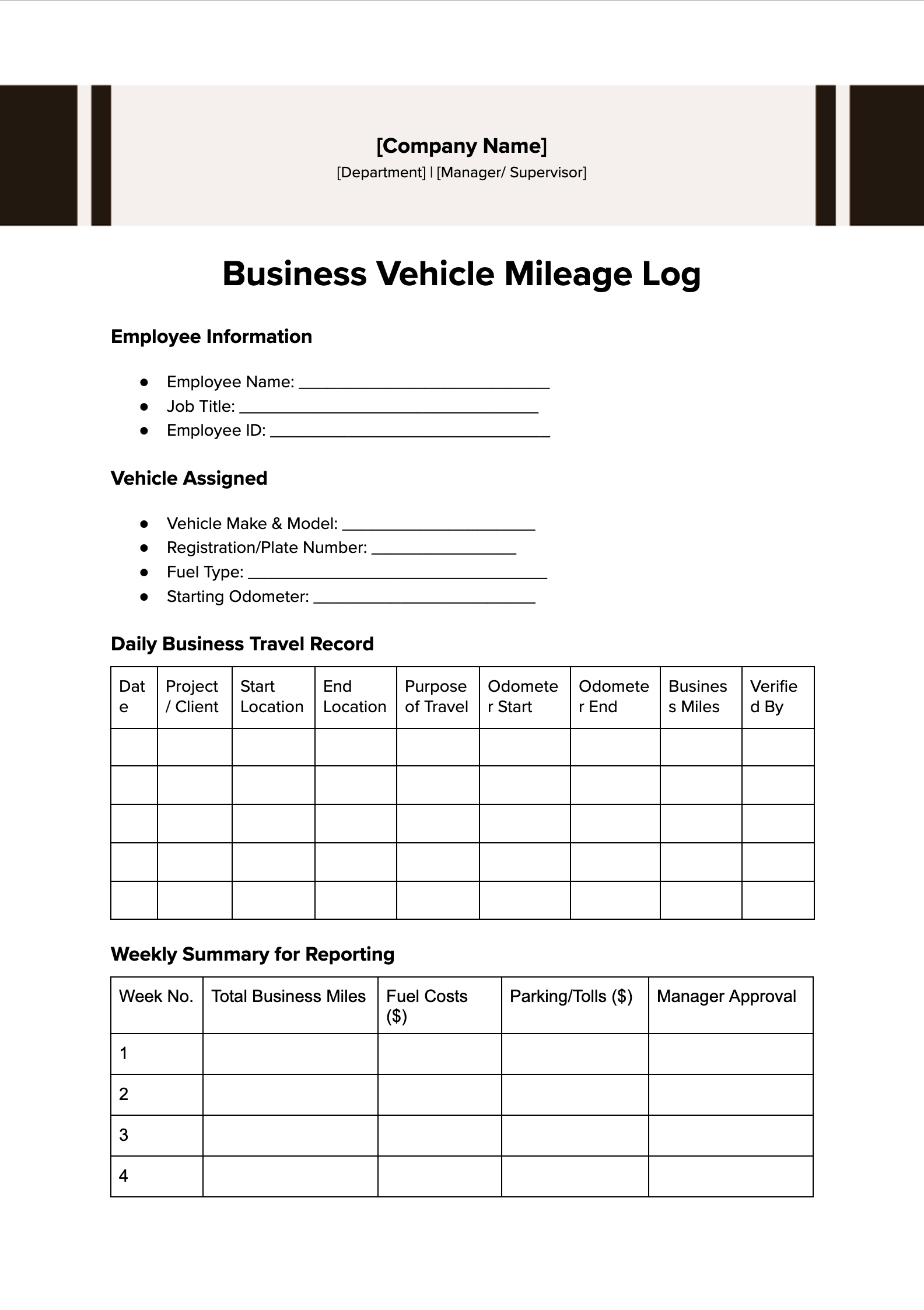 Business Vehicle Mileage Log Business Vehicle Mileage Log