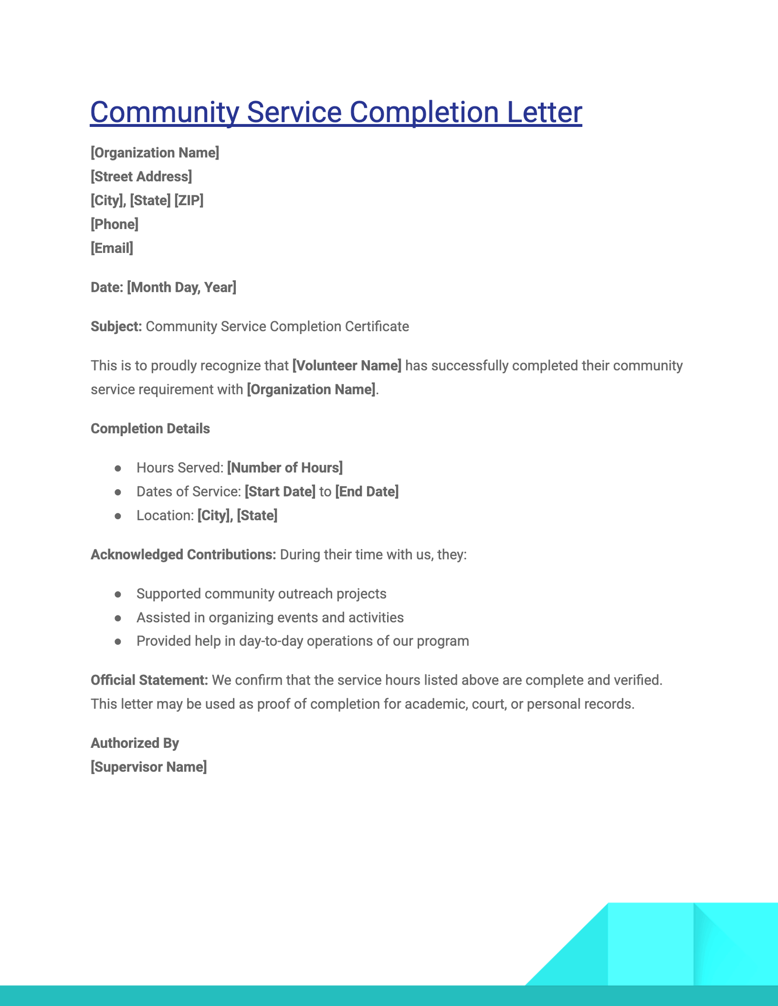 Community Service Completion Letter
