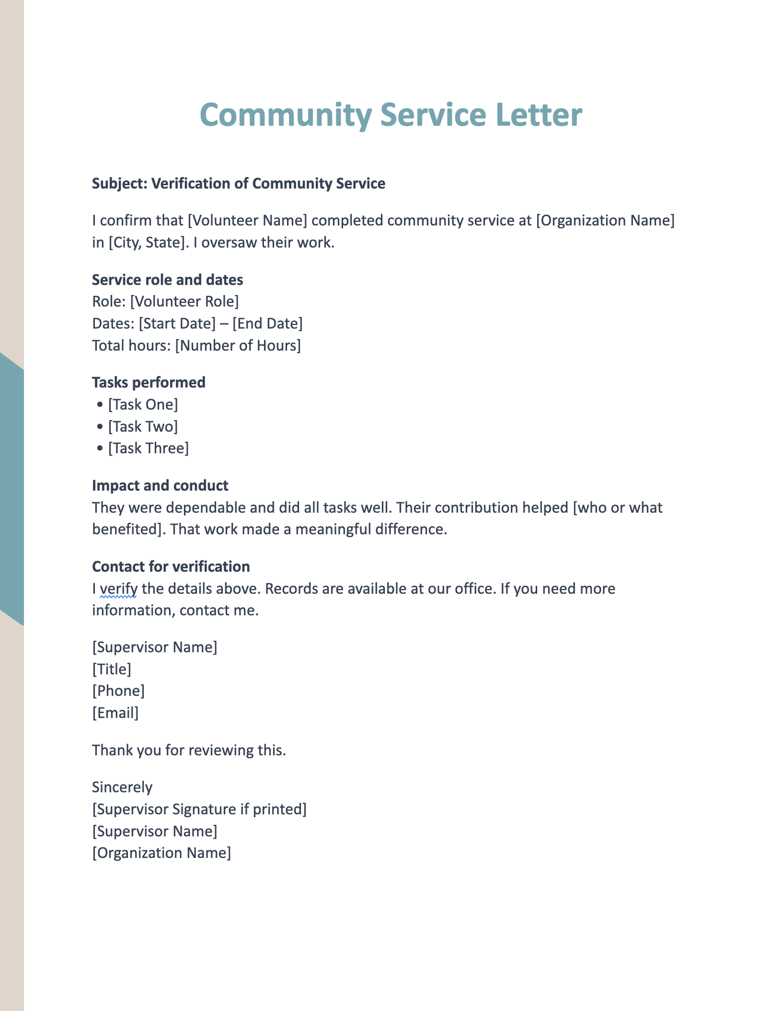 Community Service Letter