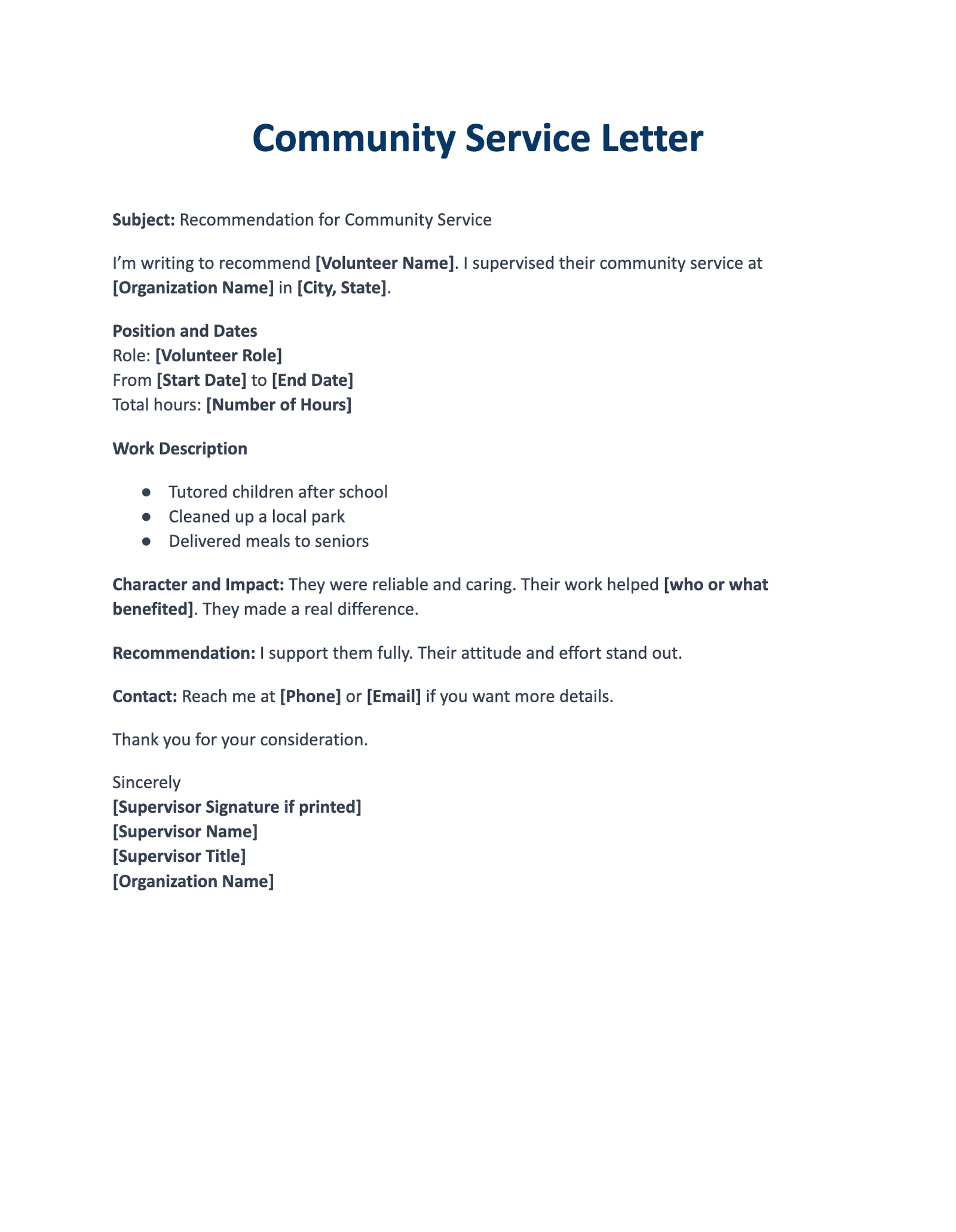 Community Service Letter