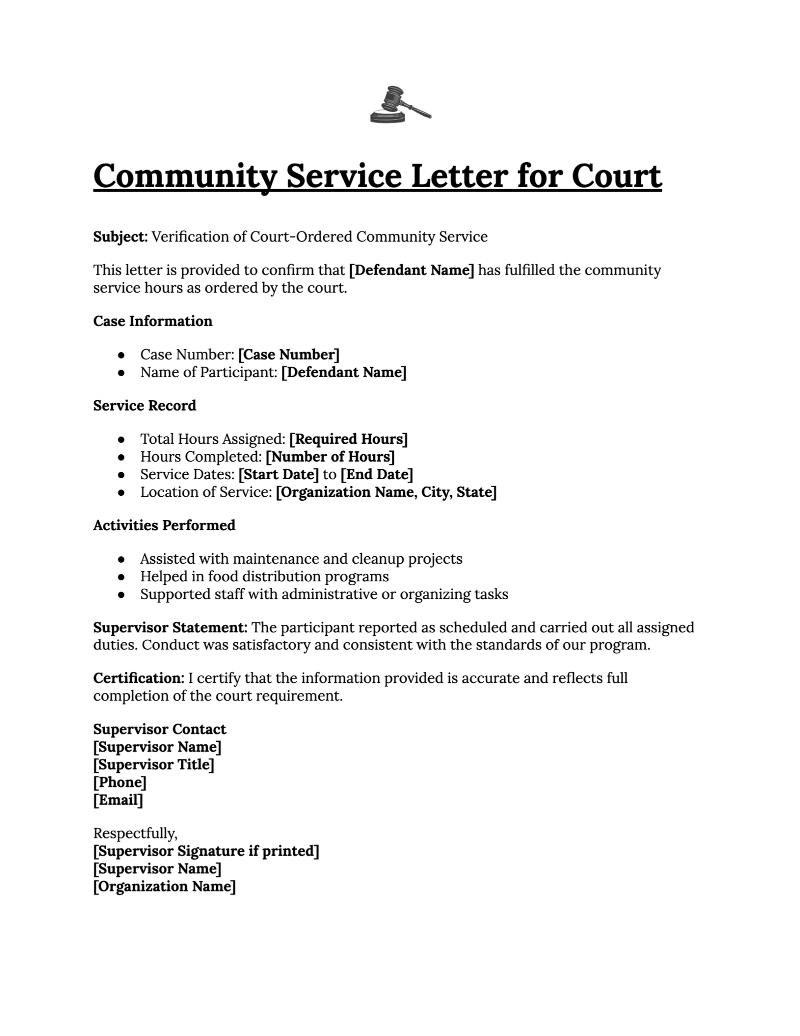 Community Service Letter for Court