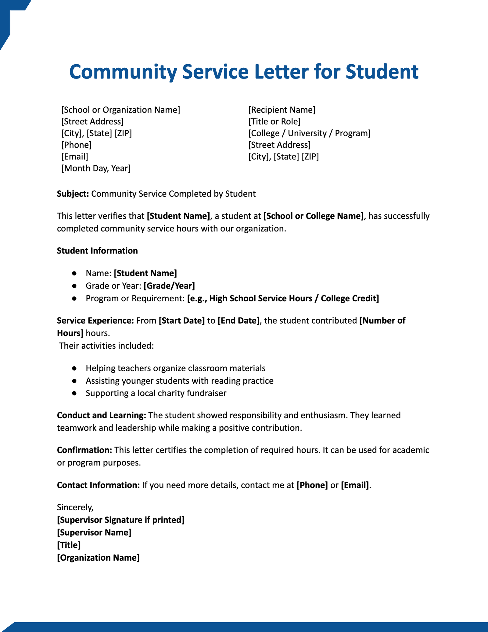 Community Service Letter for Student