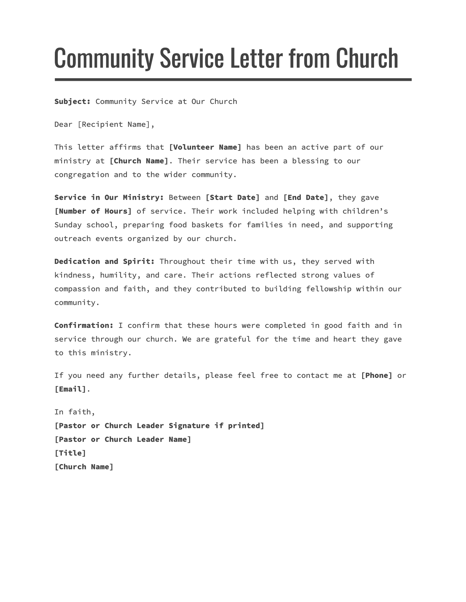 Community Service Letter from Church