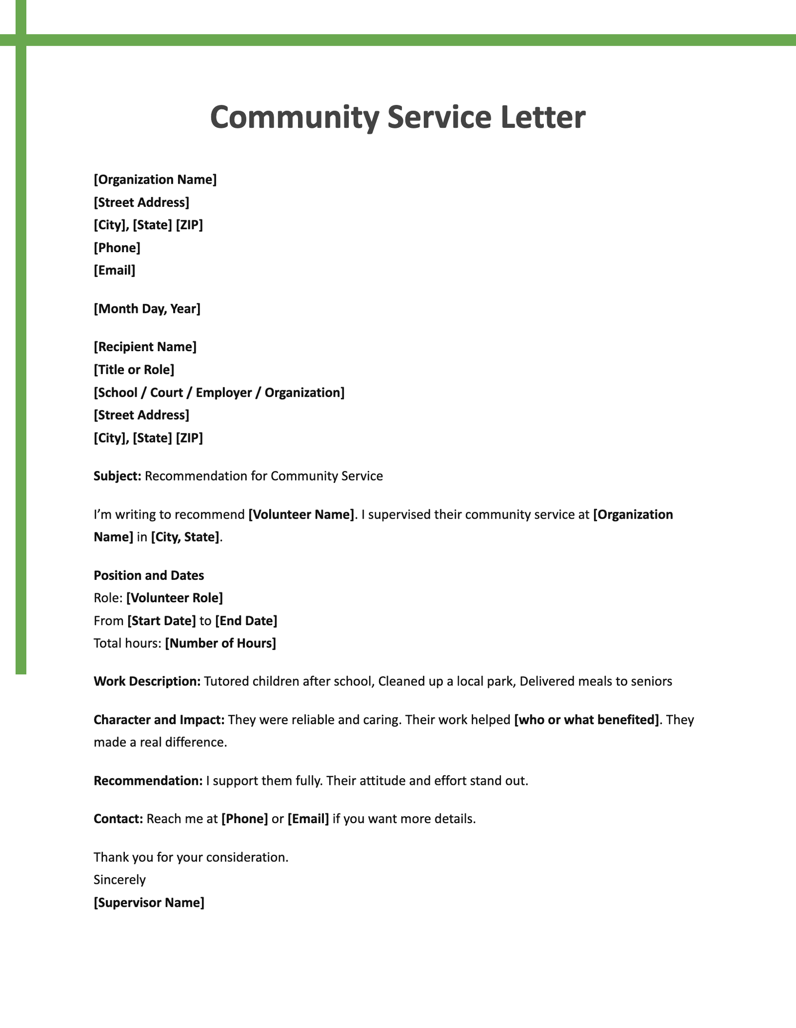 Community Service Letter