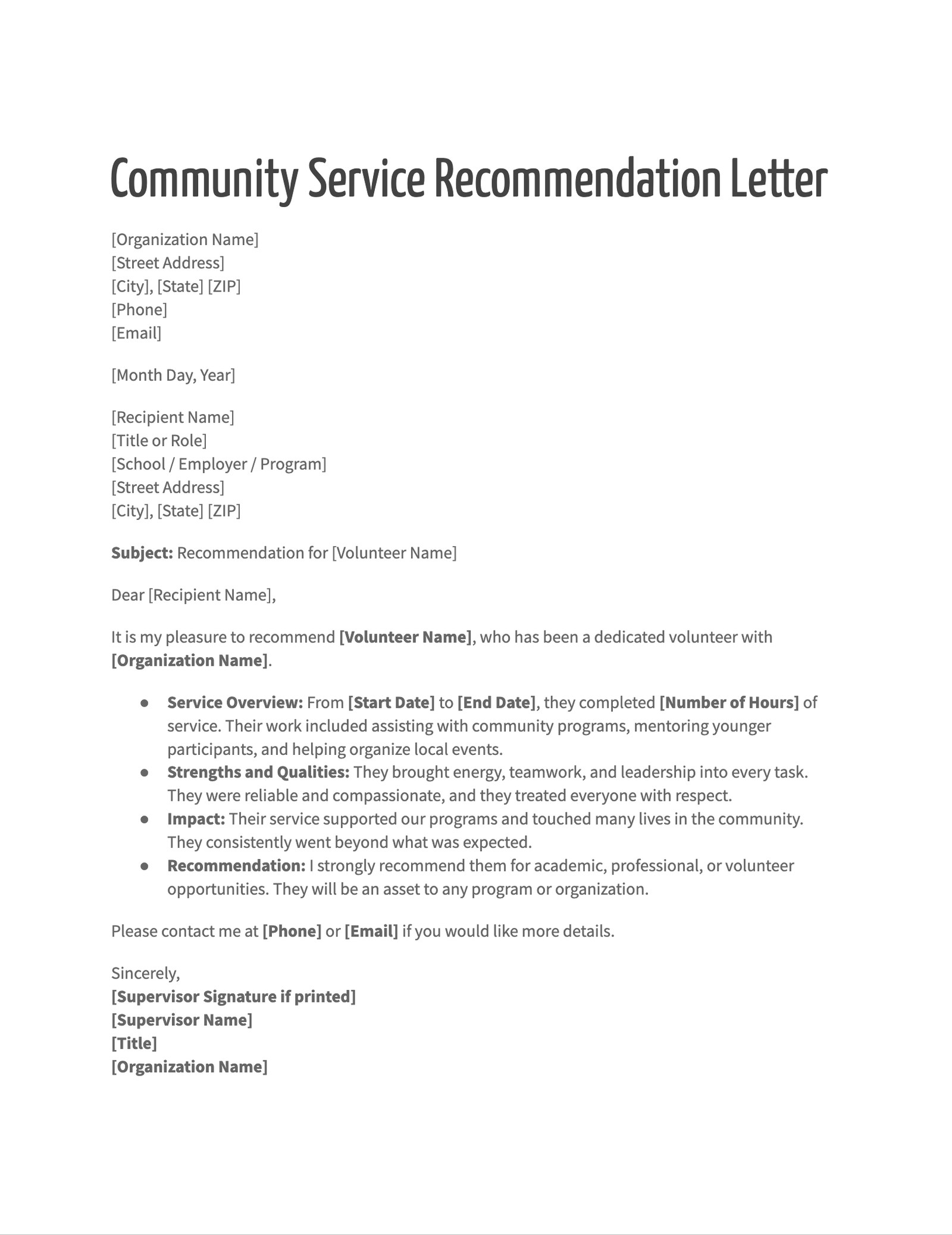 Community Service Recommendation Letter