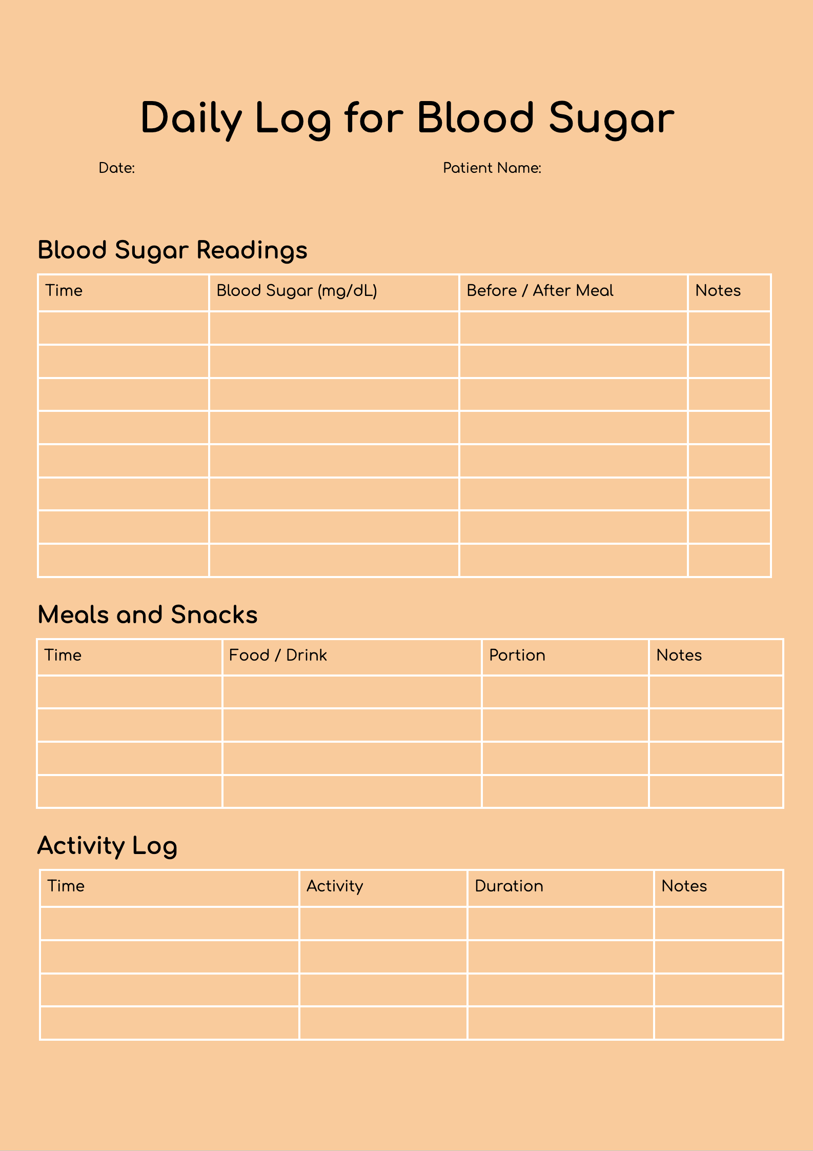 Daily Log for Blood Sugar