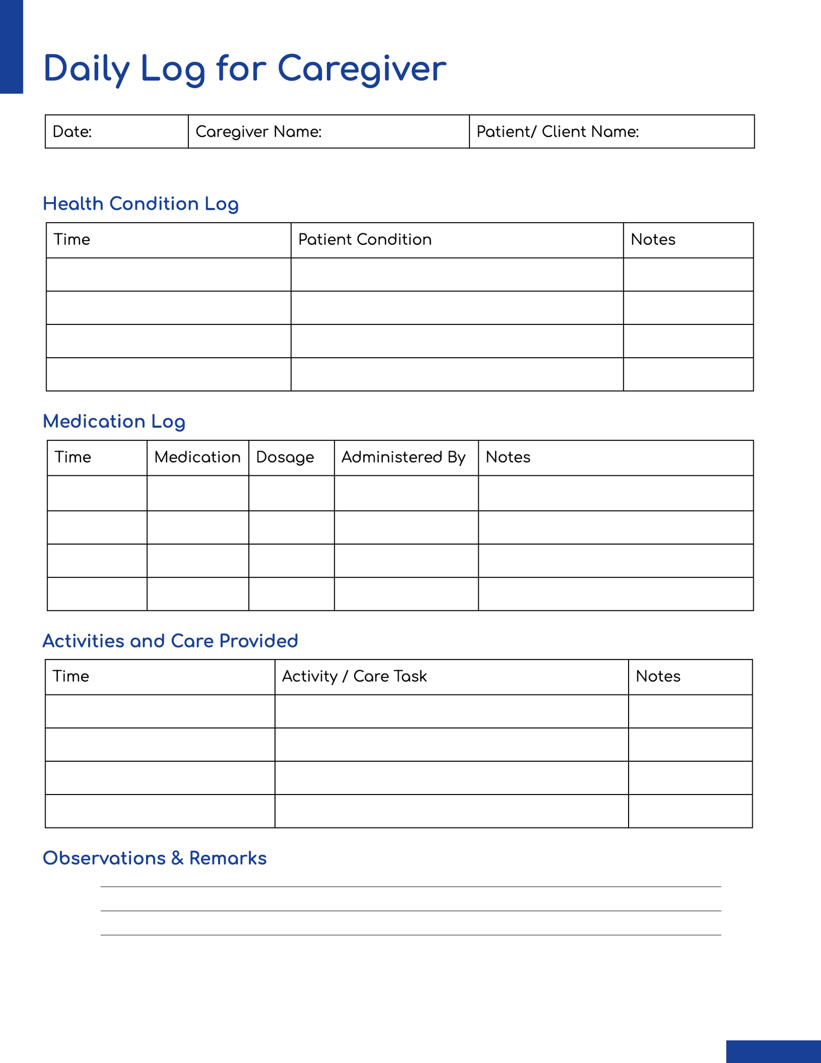 Daily Log for Caregiver
