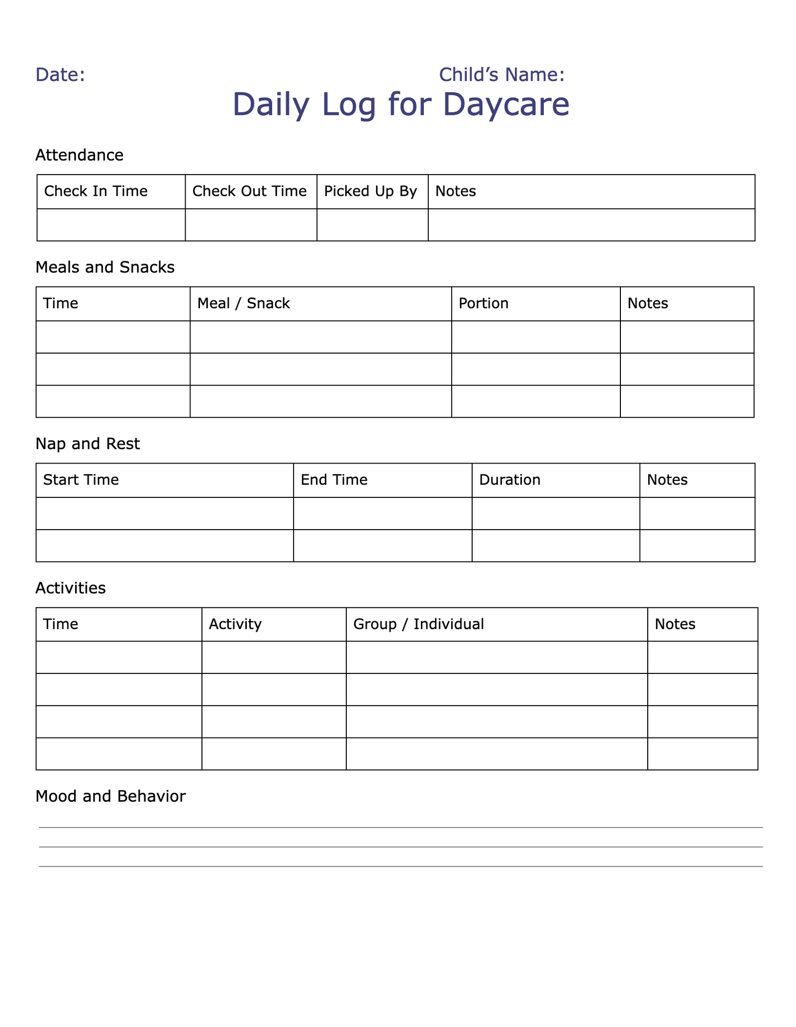 Daily Log for Daycare