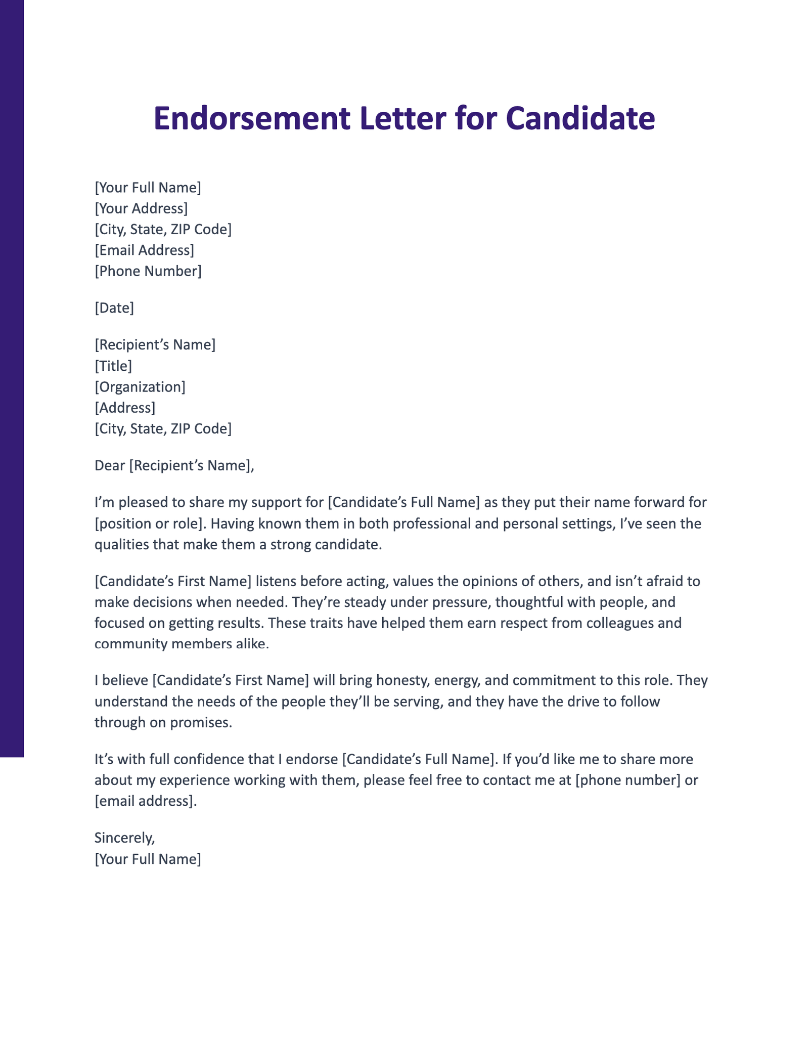 Endorsement Letter for Candidate