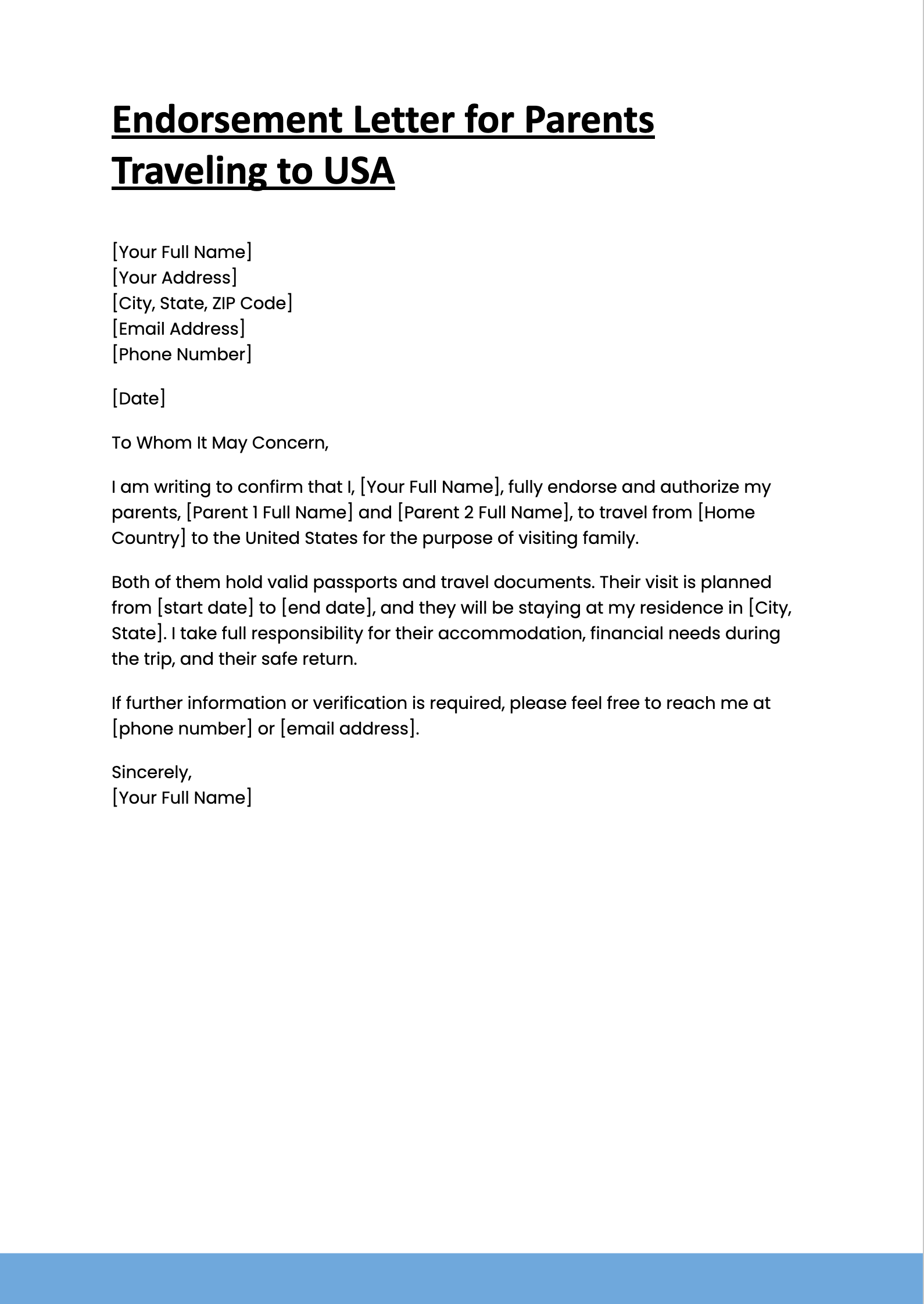 Endorsement Letter for Parents Traveling to USA