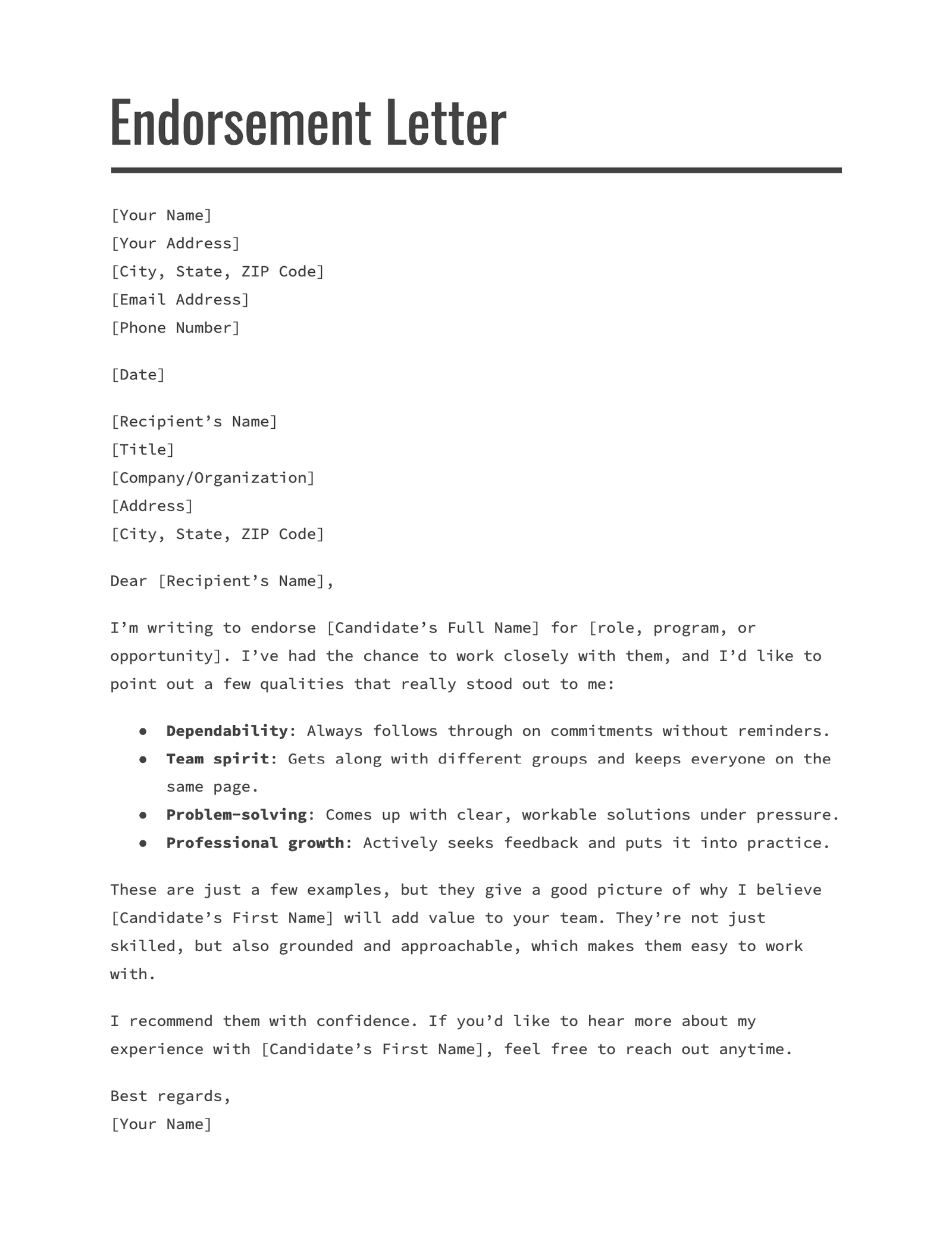 Endorsement Letter