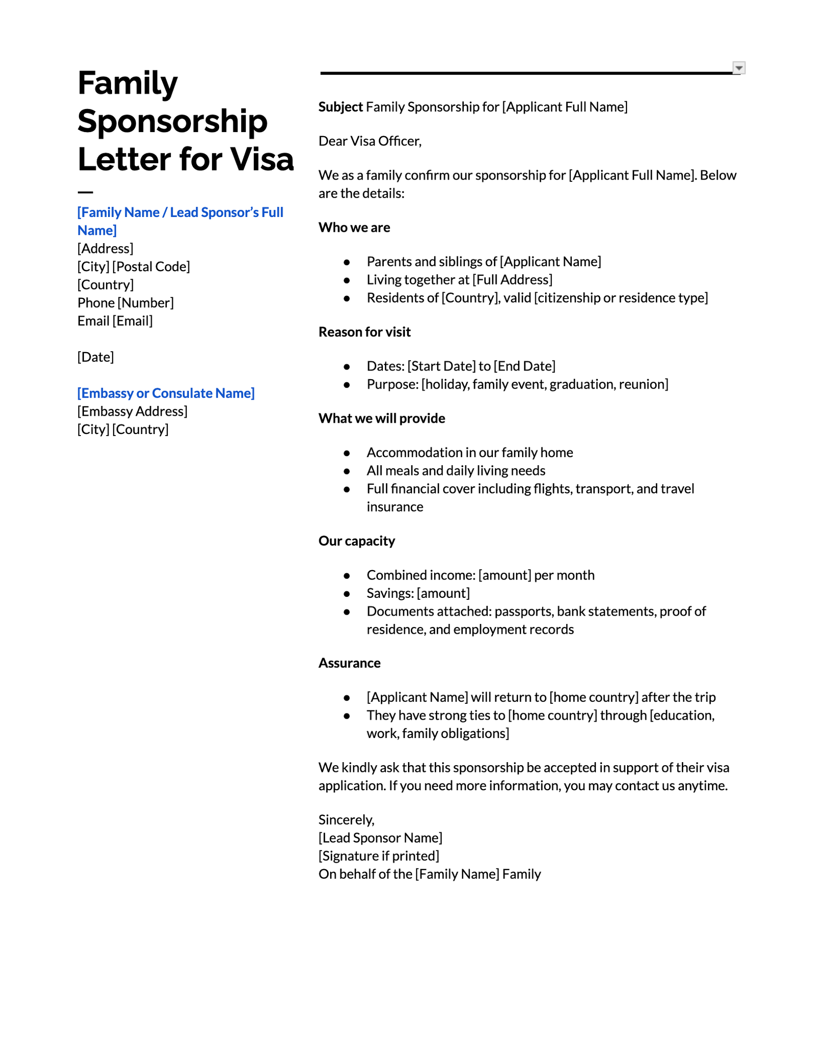 Family Sponsorship Letter for Visa