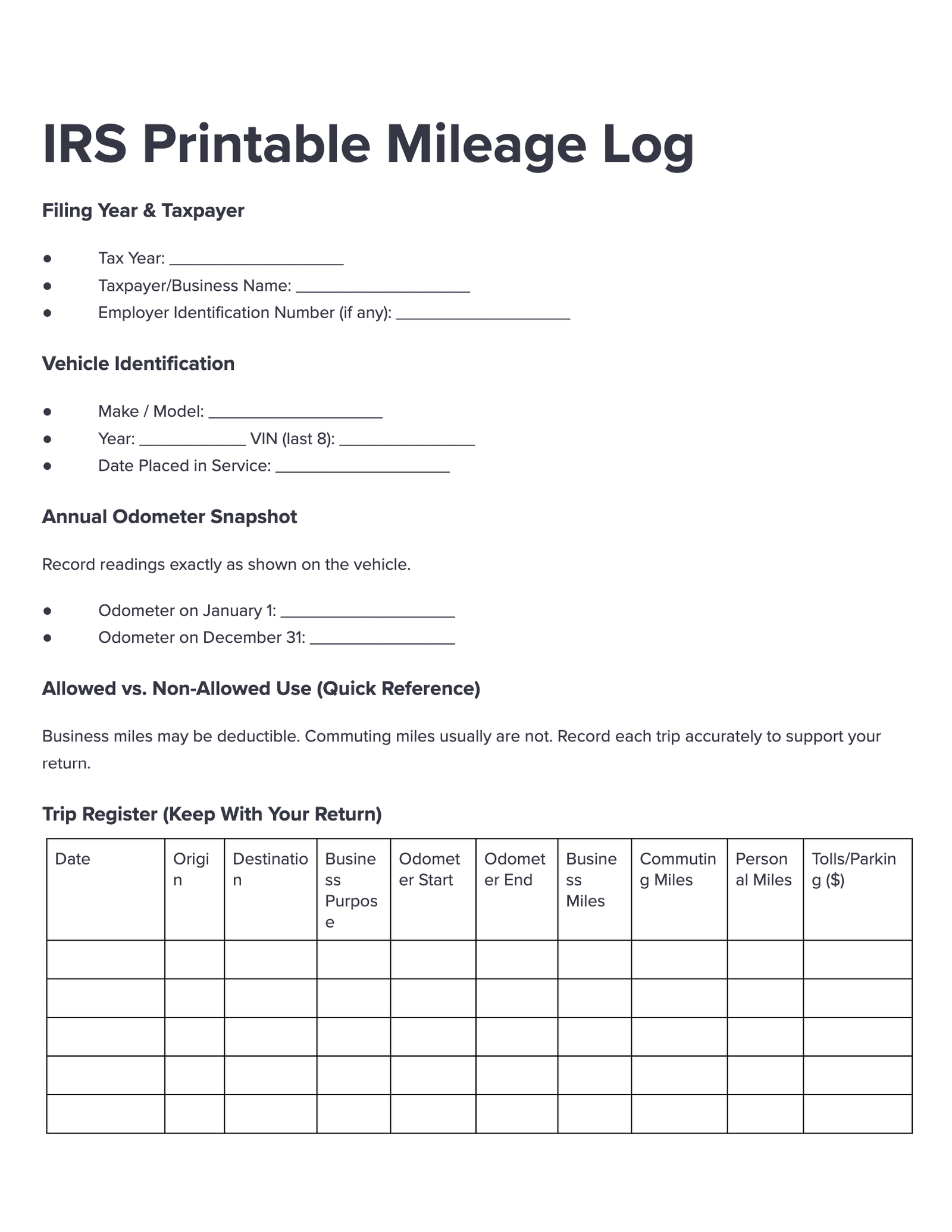 IRS Printable Mileage Log IRS Printable Mileage Log