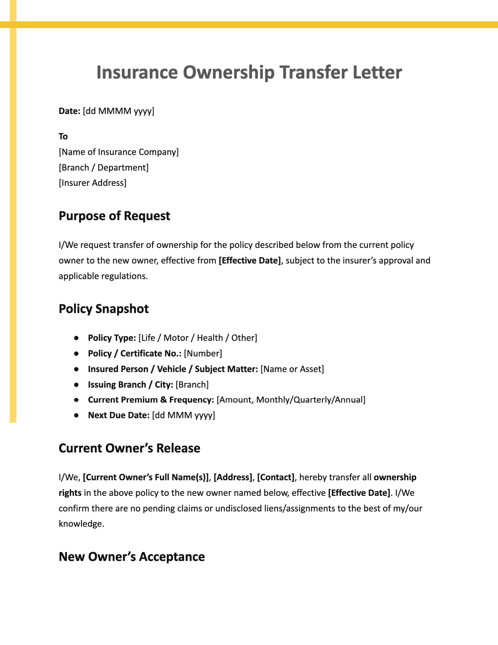 Insurance Ownership Transfer Letter