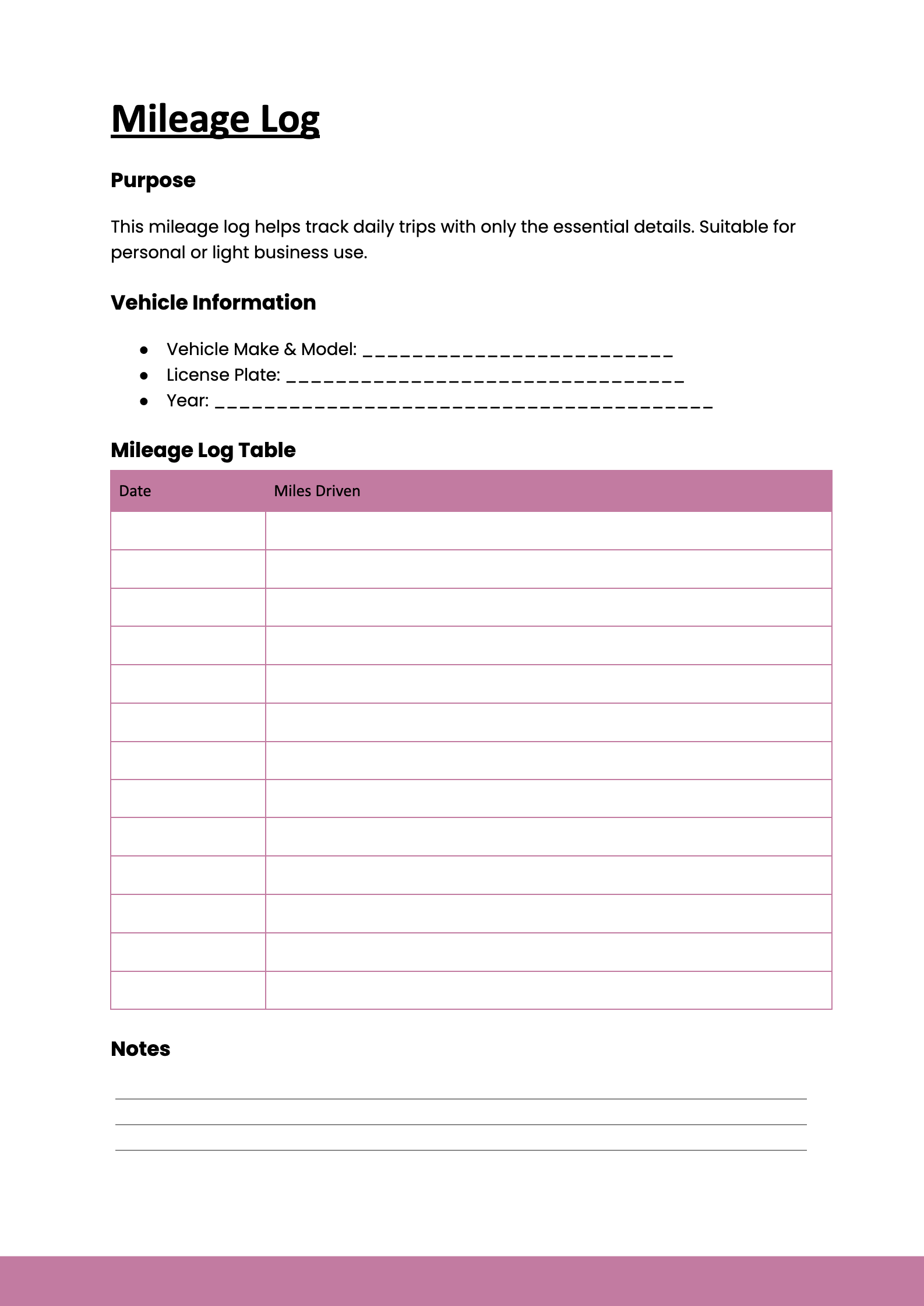 Mileage Log Mileage Log