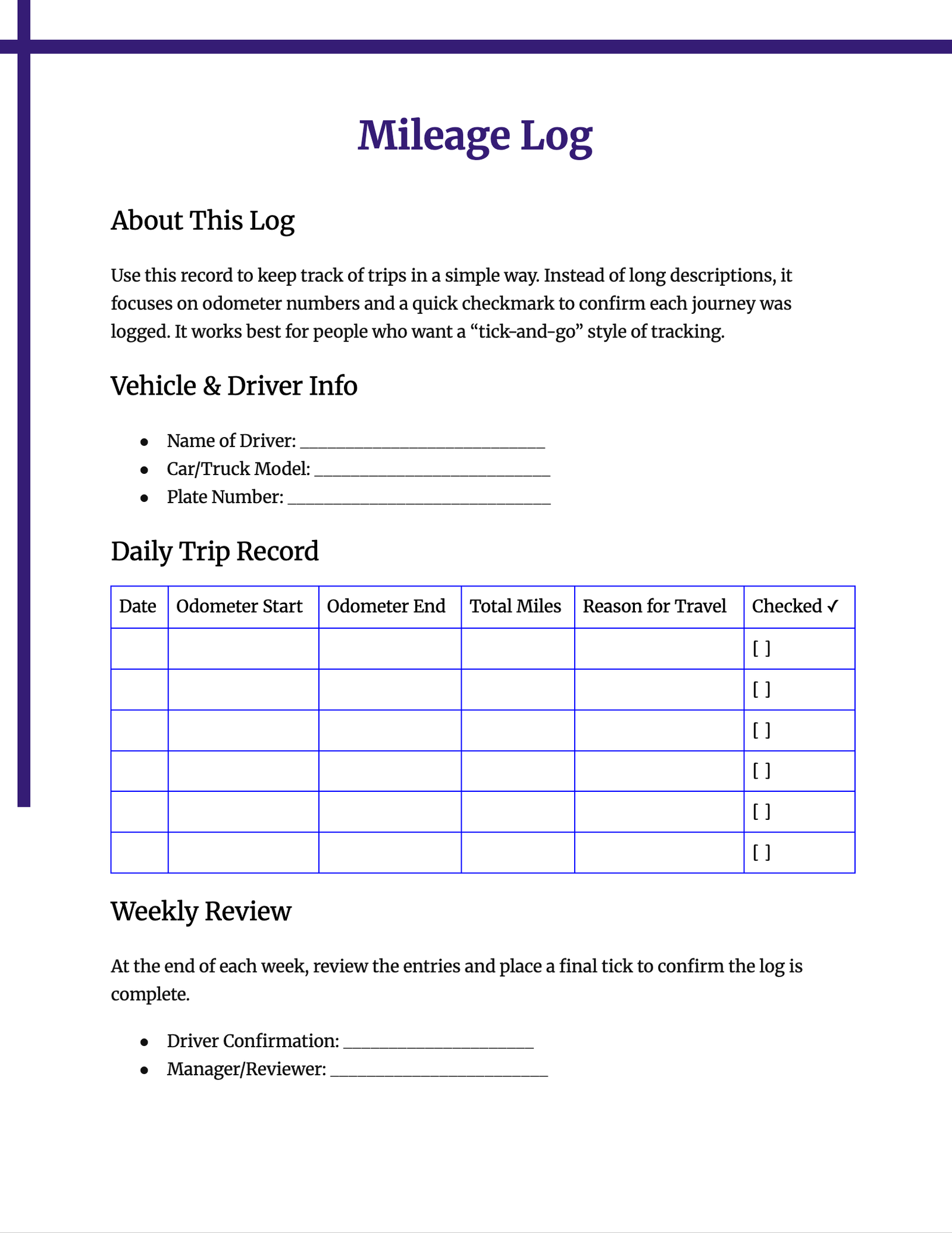 Mileage Log Mileage Log