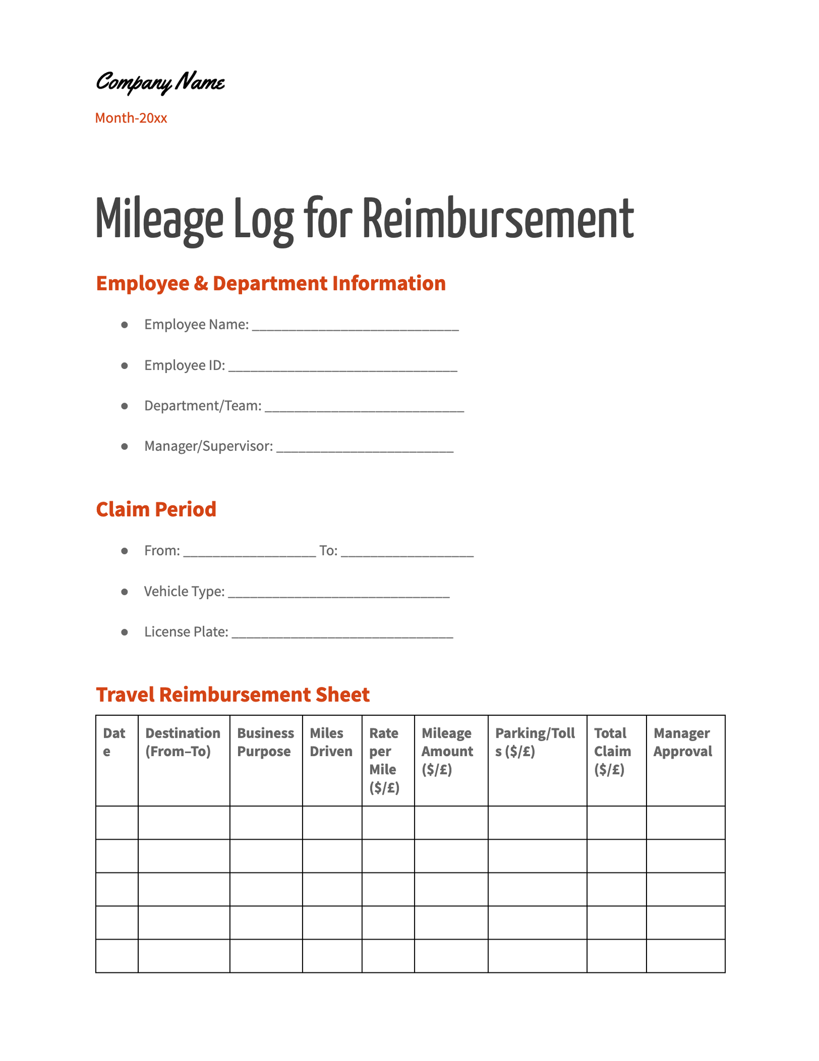 Mileage Log for Reimbursement Mileage Log for Reimbursement