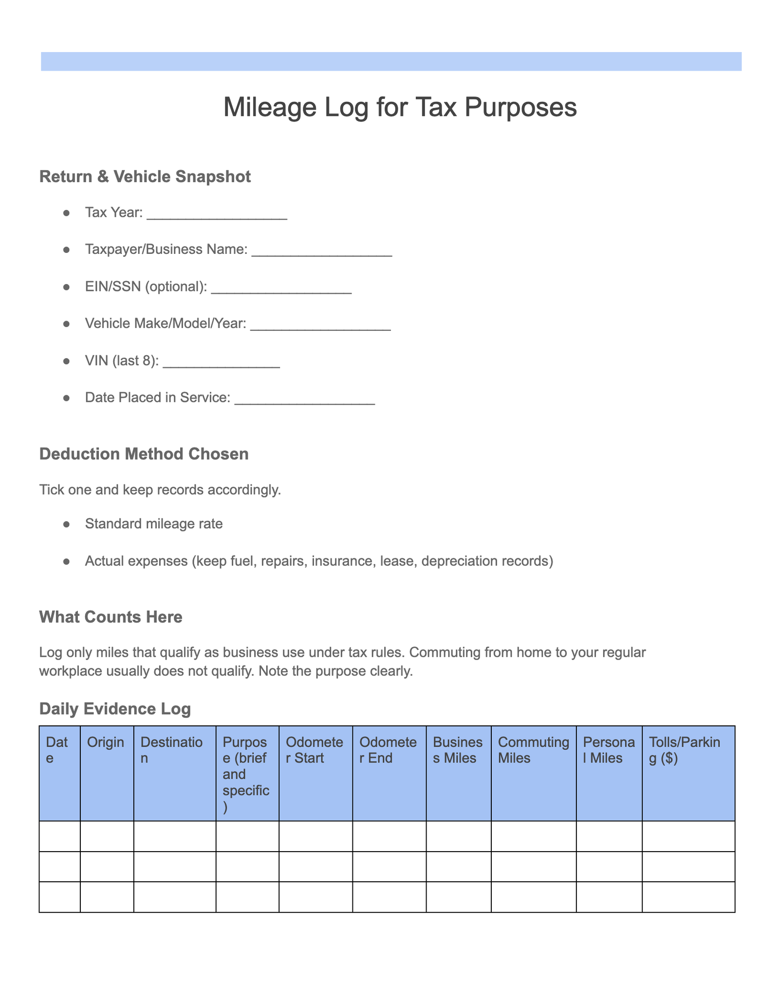 Mileage Log for Tax Purposes Mileage Log for Tax Purposes