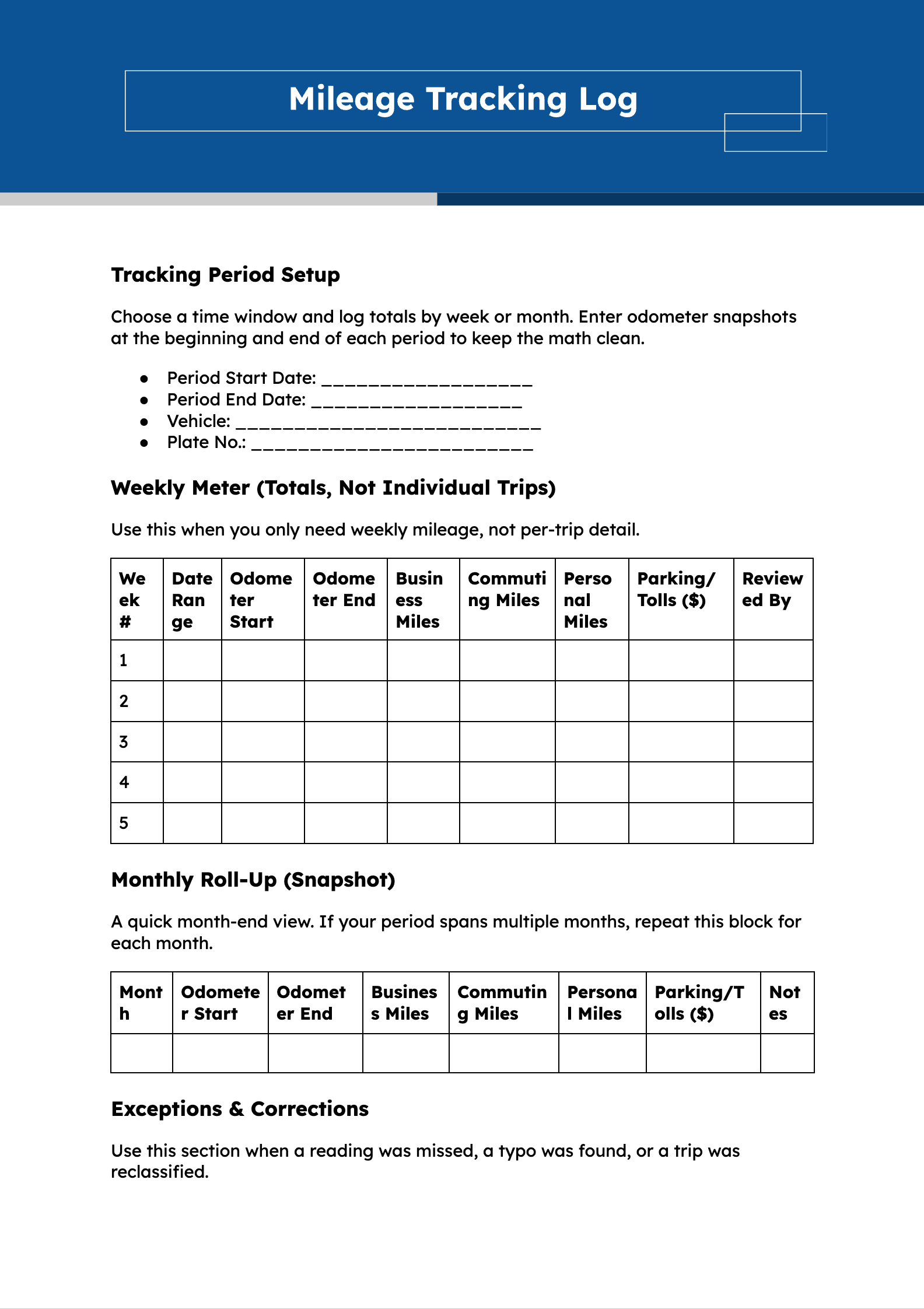 Mileage Tracking Log
