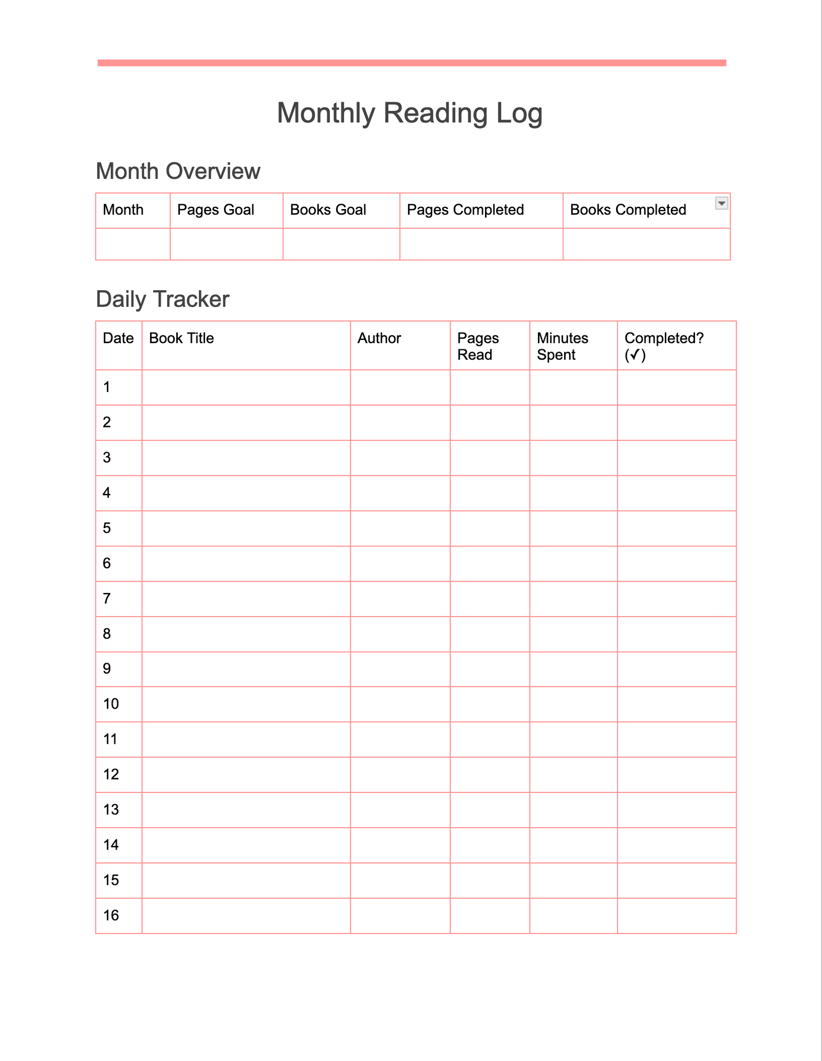 Monthly Reading Log