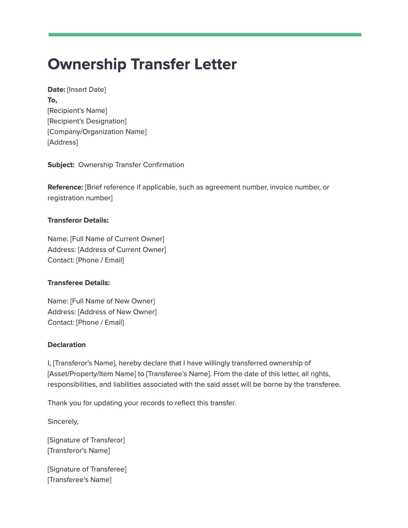 Ownership Transfer Letter