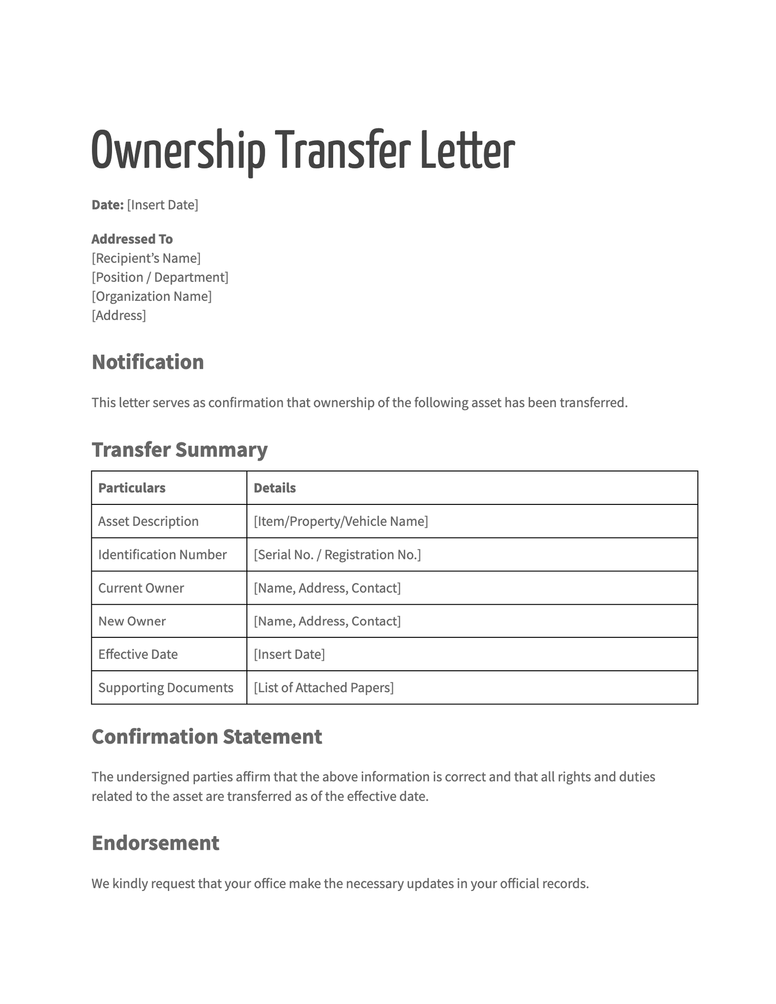 Ownership Transfer Letter