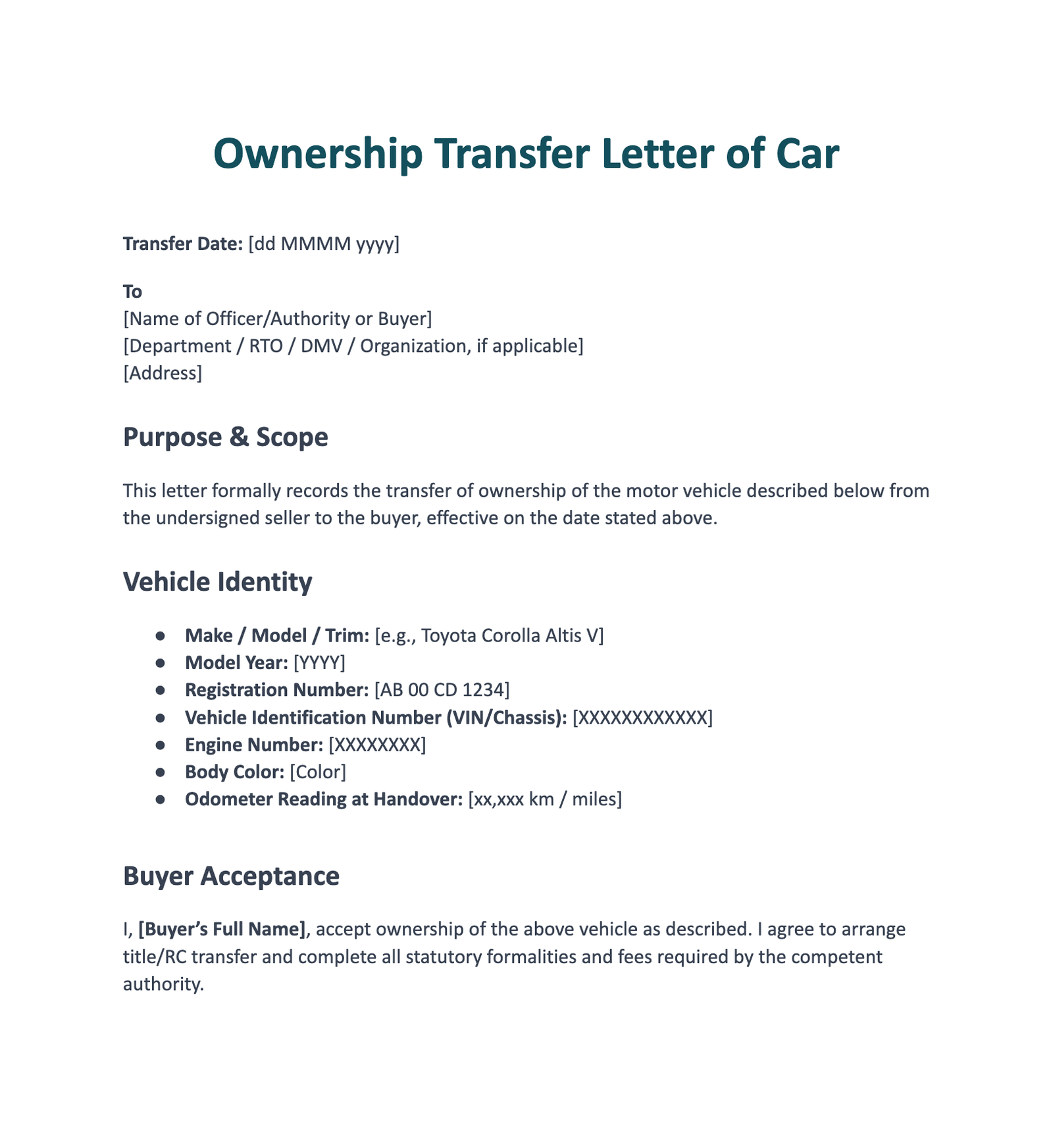Ownership Transfer Letter of Car
