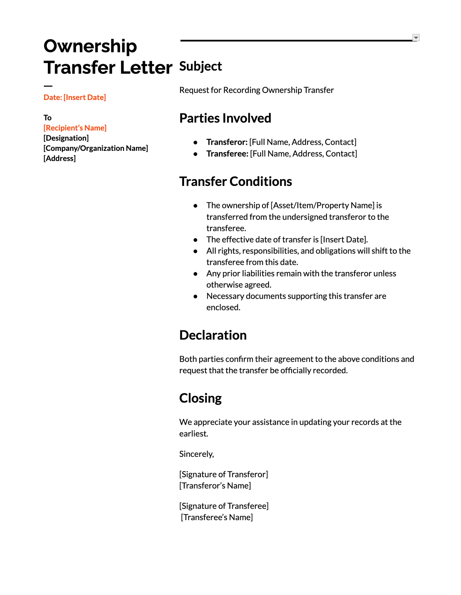 Ownership Transfer Letter