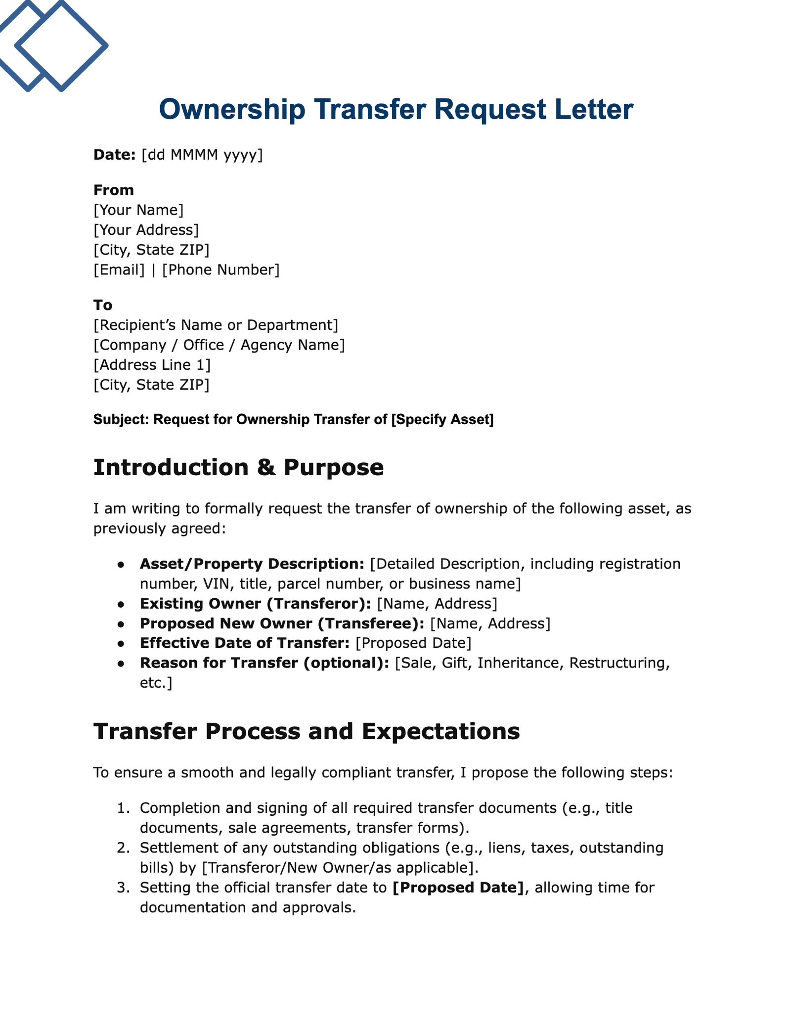 Ownership Transfer Request Letter