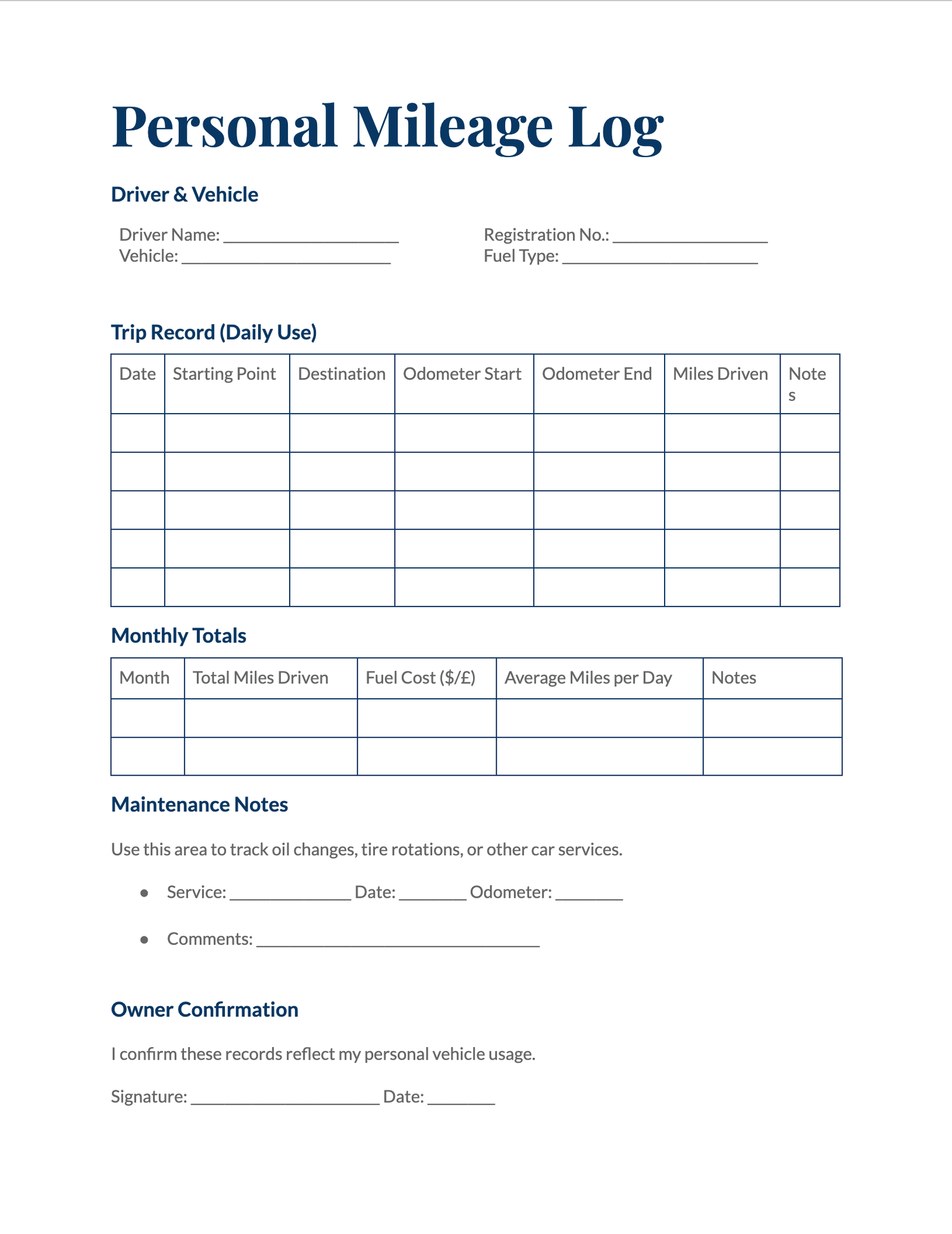 Personal Mileage Log Personal Mileage Log