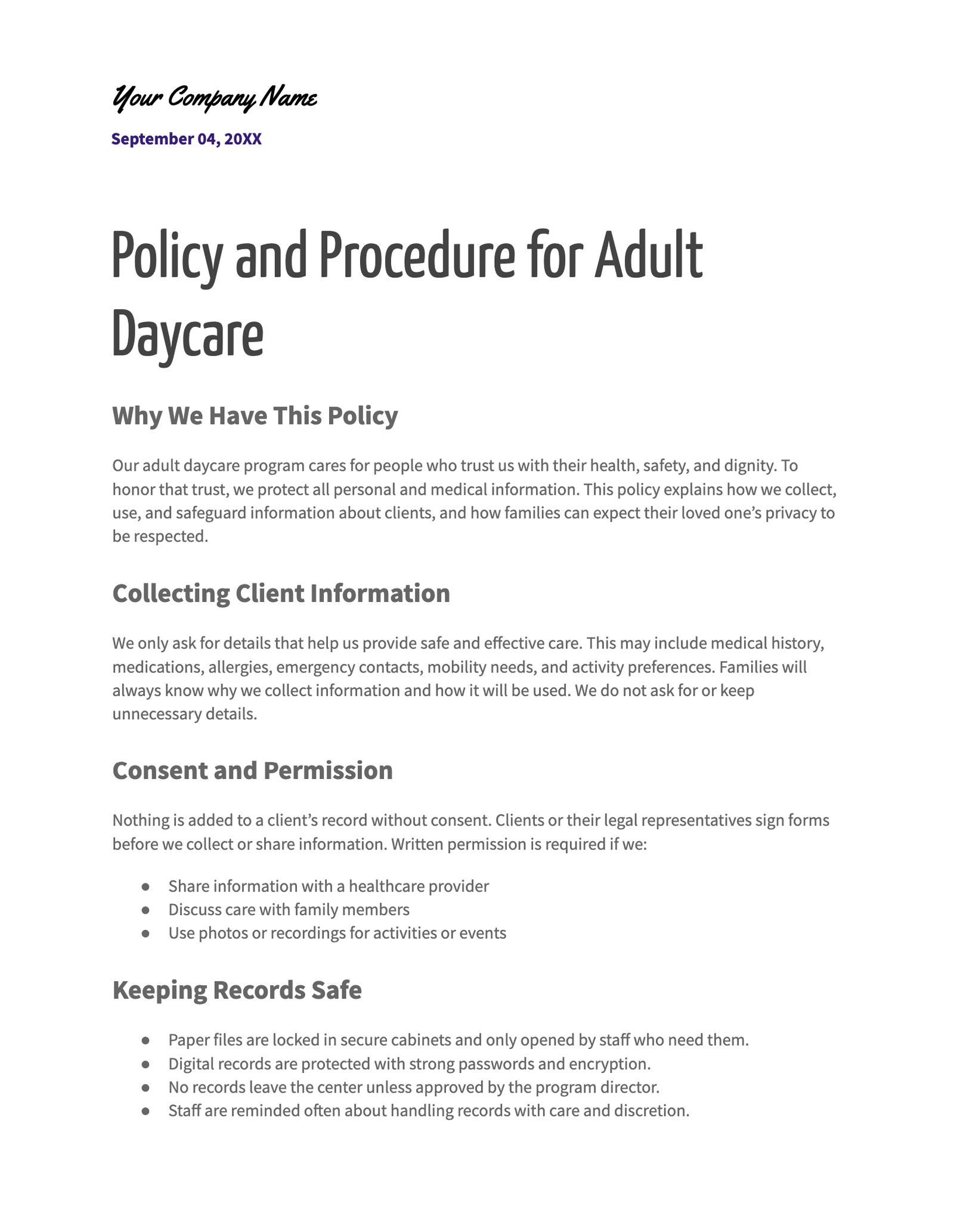 Policy and Procedure for Adult Daycare Policy and Procedure for Adult Daycare