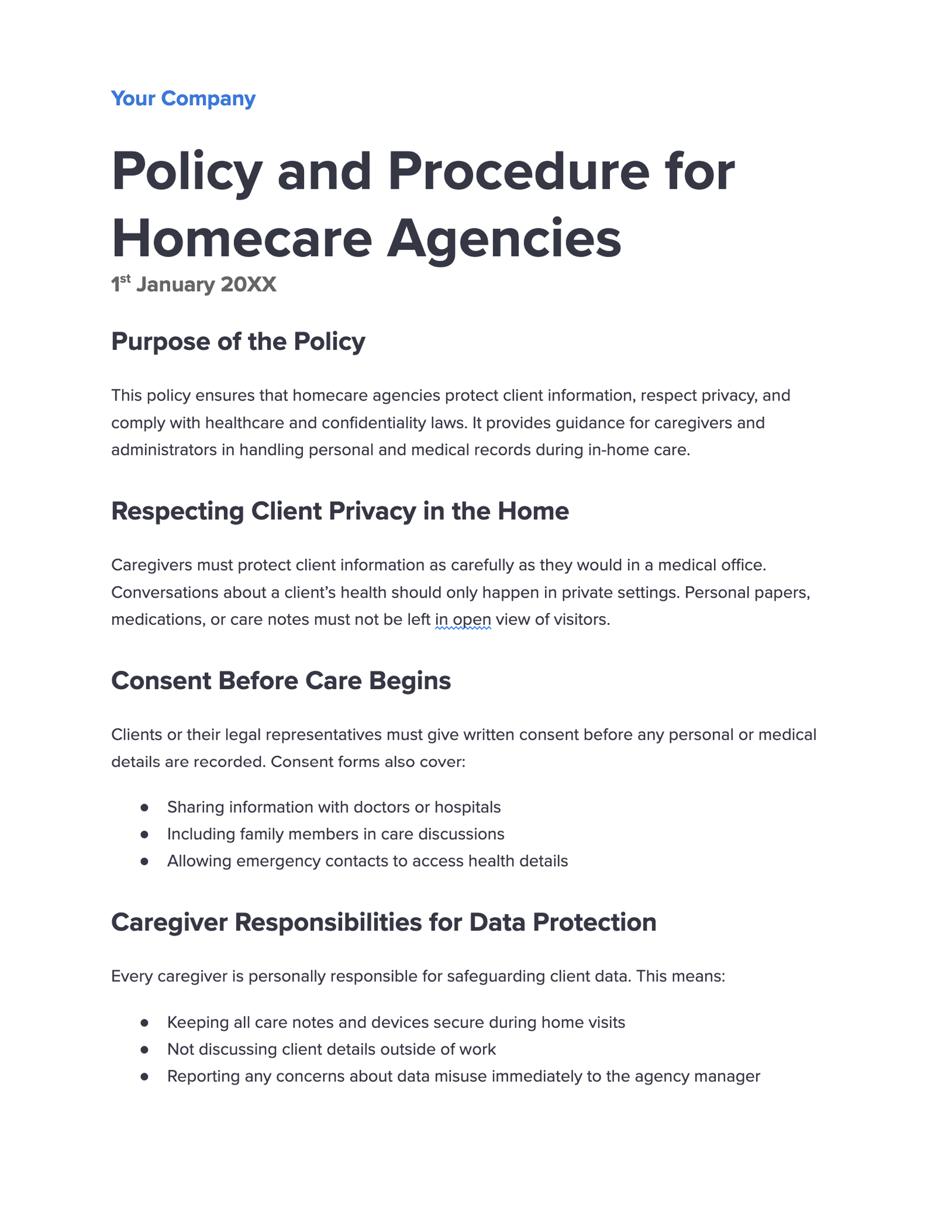 Policy and Procedure for Homecare Agencies Policy and Procedure for Homecare Agencies