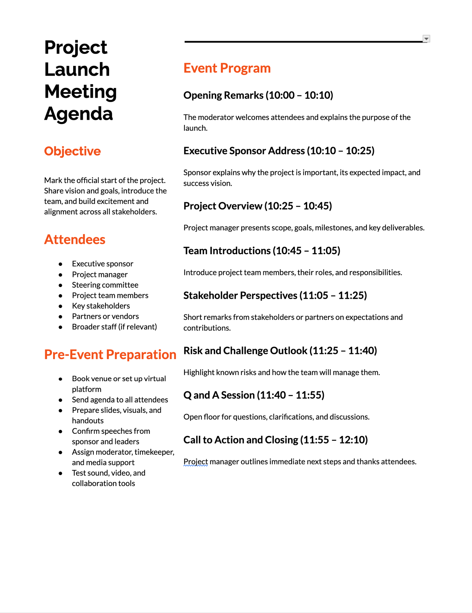 Project Launch Meeting Agenda Project Launch Meeting Agenda