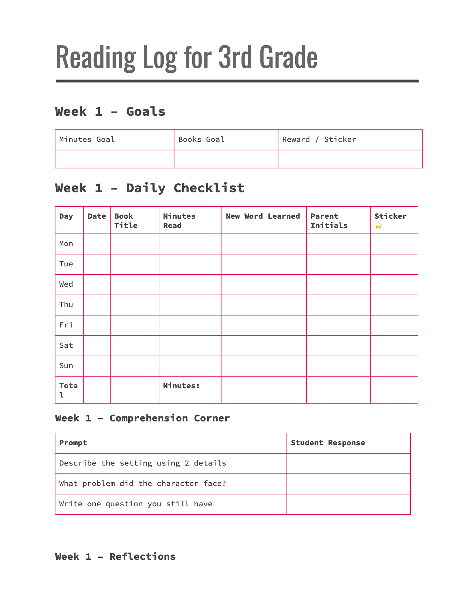 Reading Log for 3rd Grade