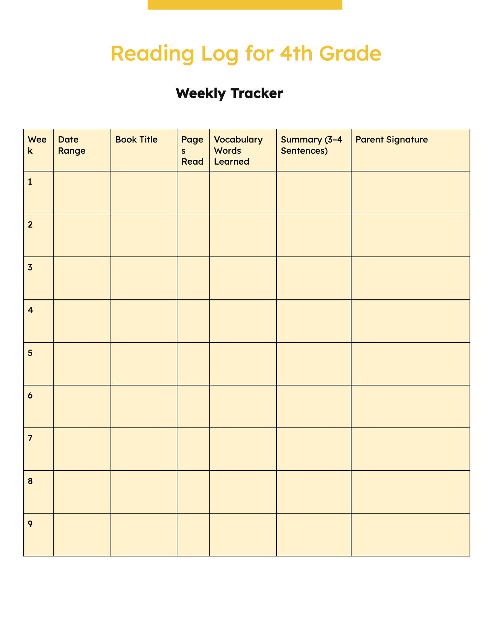 Reading Log for 4th Grade