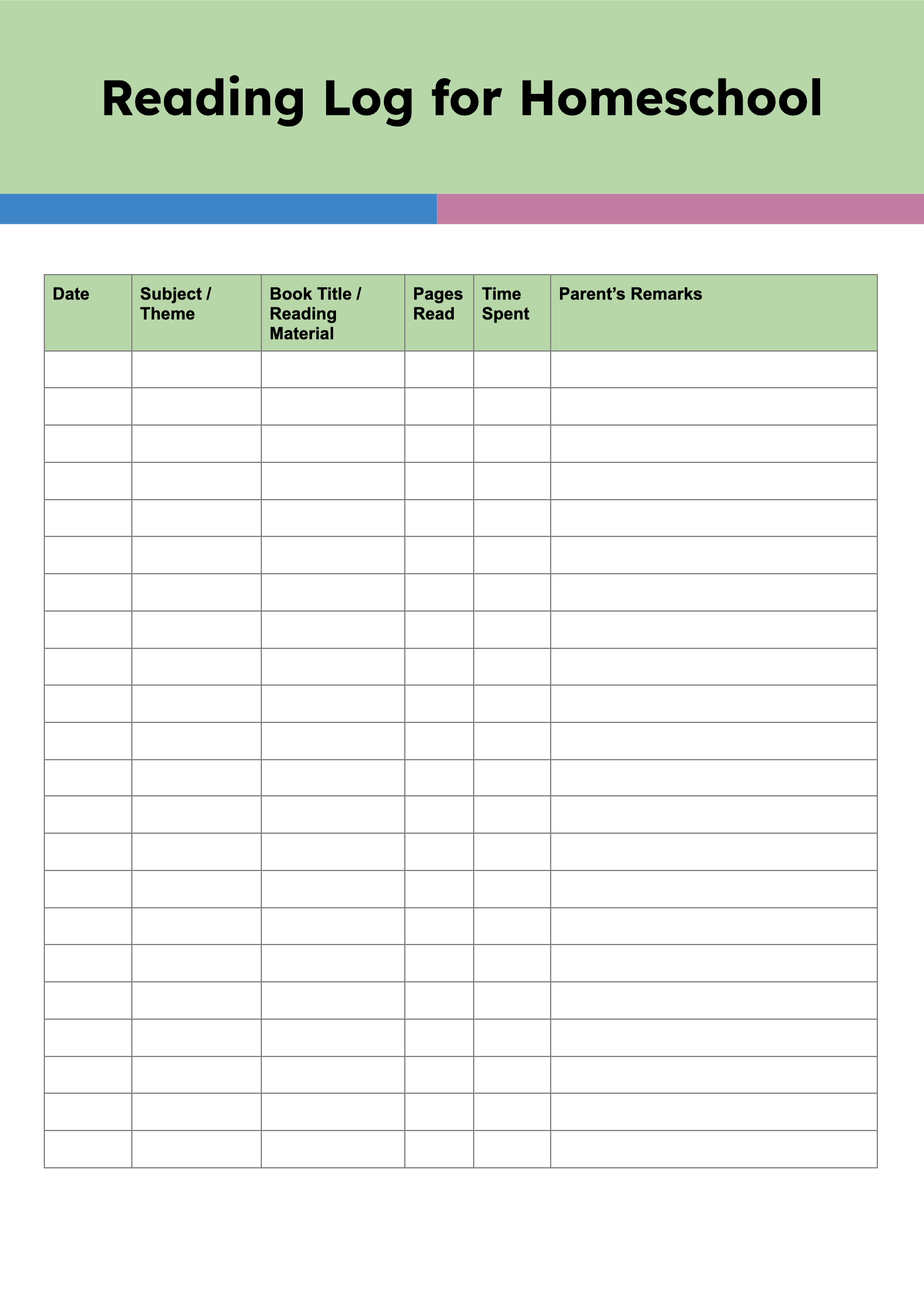Reading Log for Homeschool