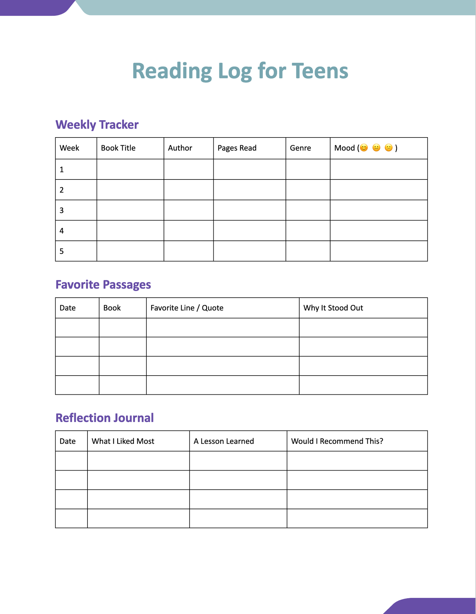 Reading Log for Teens