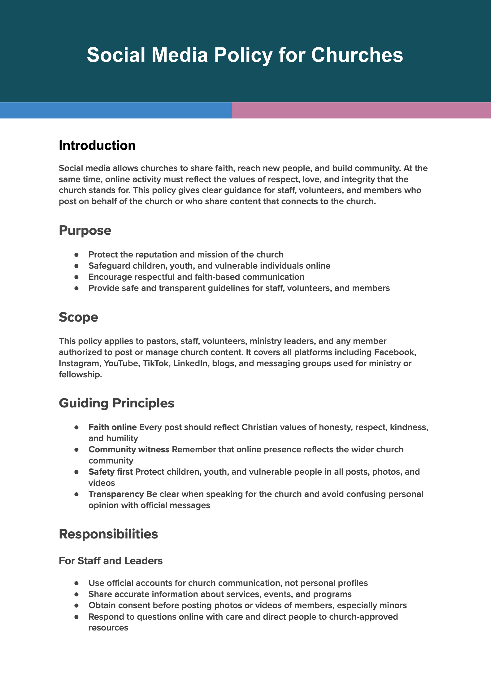 Social Media Policy for Churches Social Media Policy for Churches