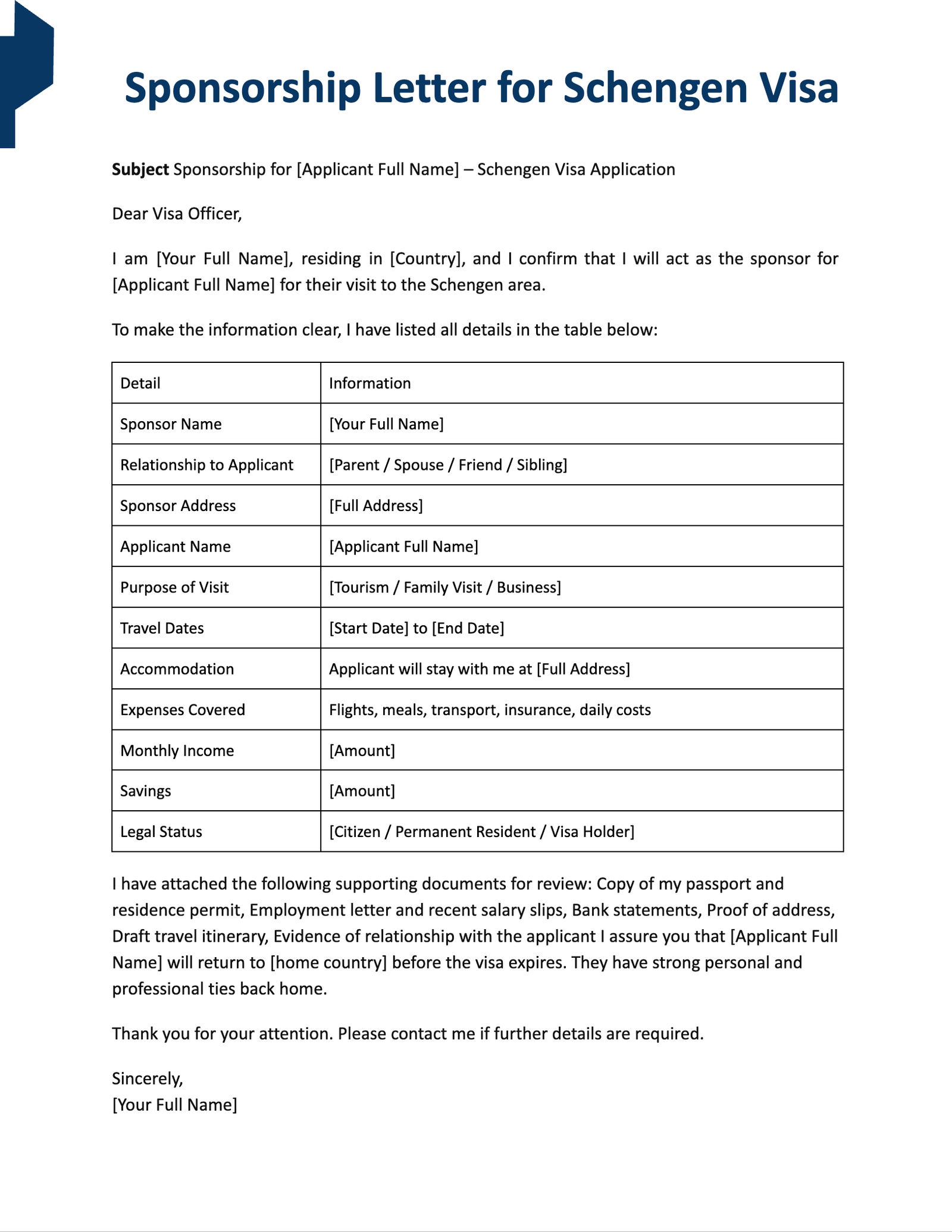 Sponsorship Letter for Schengen Visa