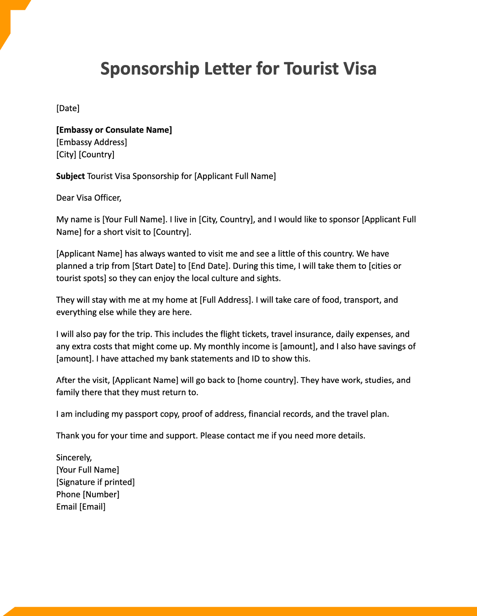 Sponsorship Letter for Tourist Visa
