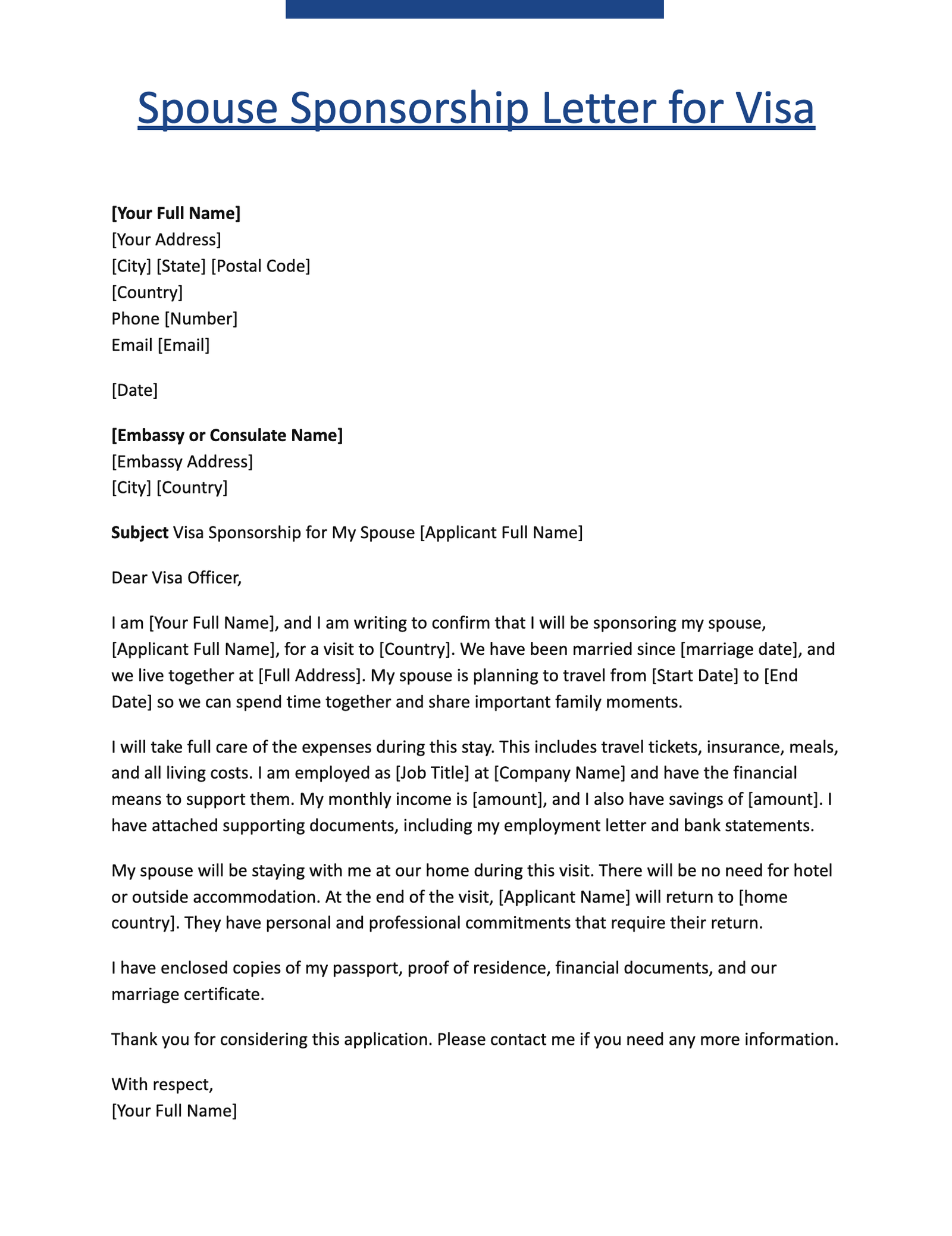 Spouse Sponsorship Letter for Visa