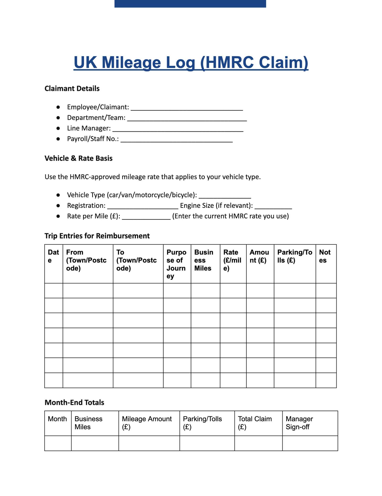 UK Mileage Log UK Mileage Log