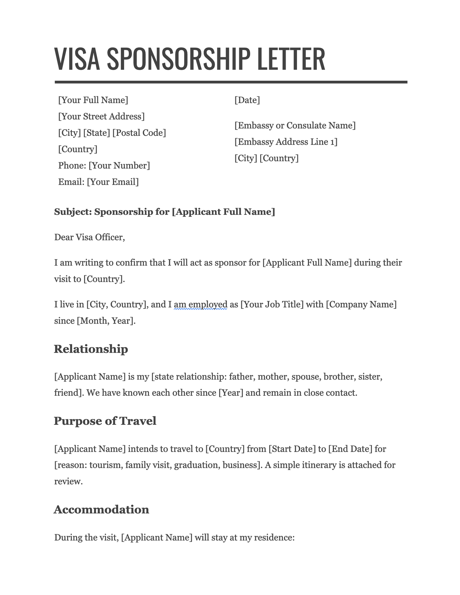 Visa Sponsorship Letter