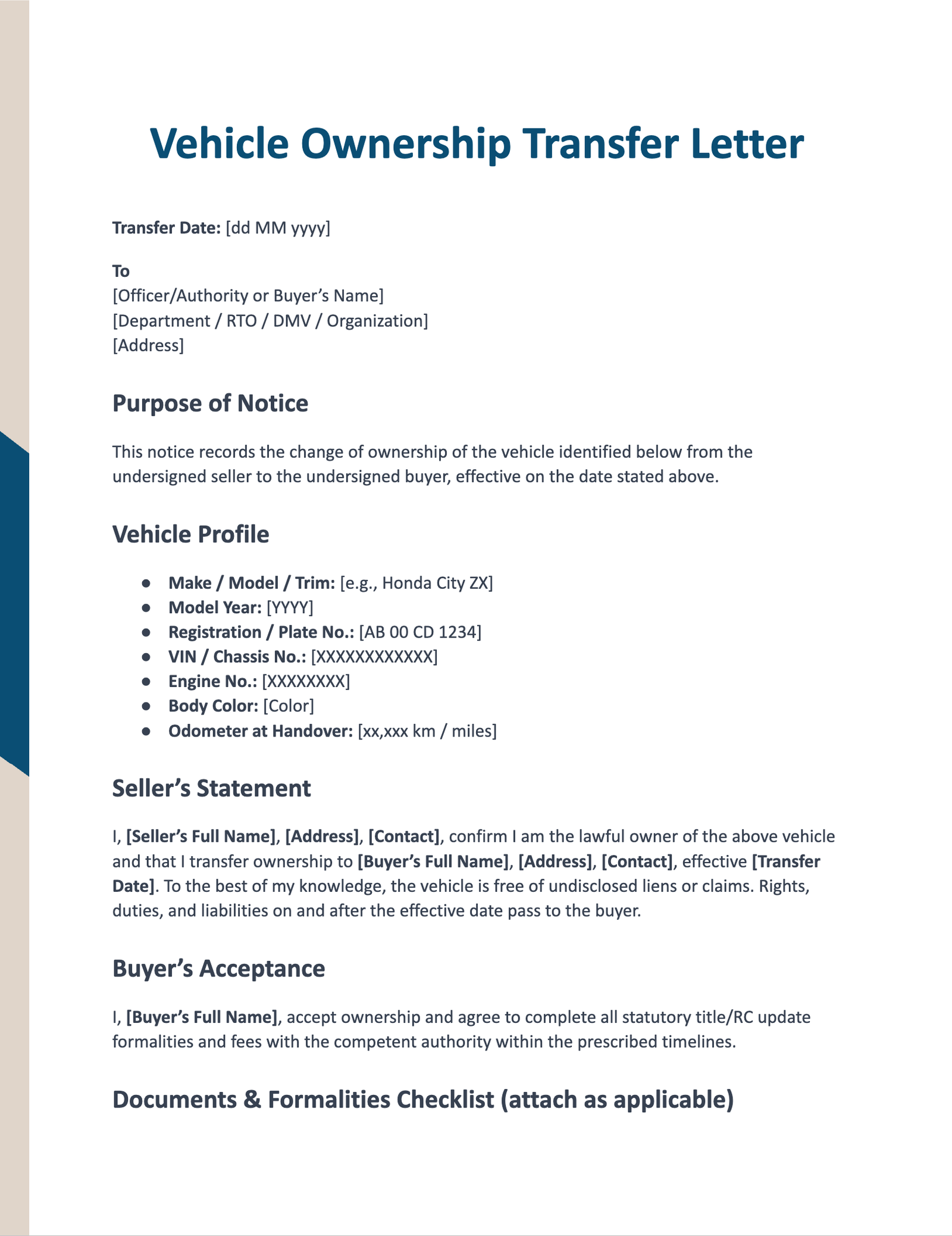 Vehicle Ownership Transfer Letter