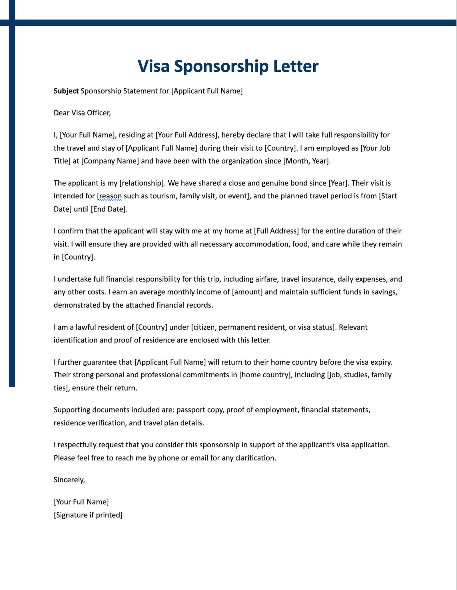 Visa Sponsorship Letter